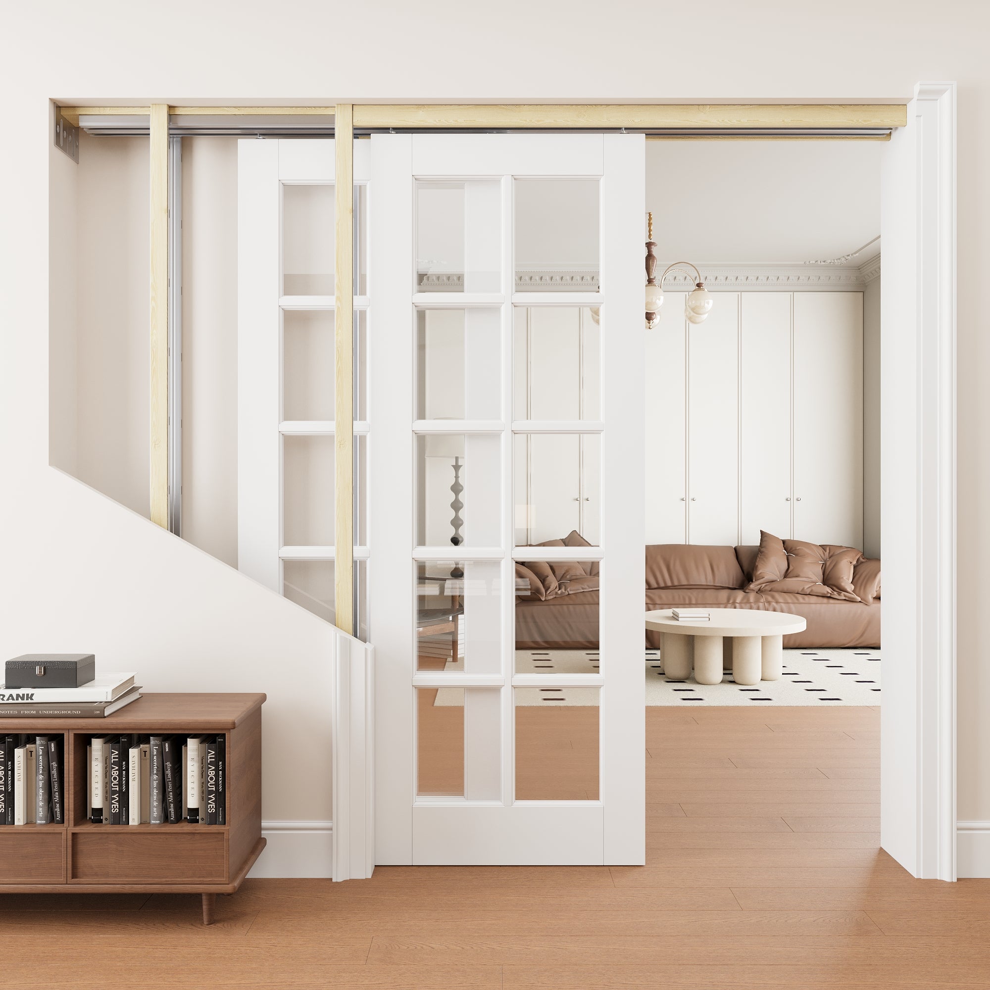 Ark Design 10 Lite Clear Glass Double Bypass Pocket Door with Hardware Kit & Soft Close & Frame, Solid Core MDF Wood & Paint-grade Finished, White