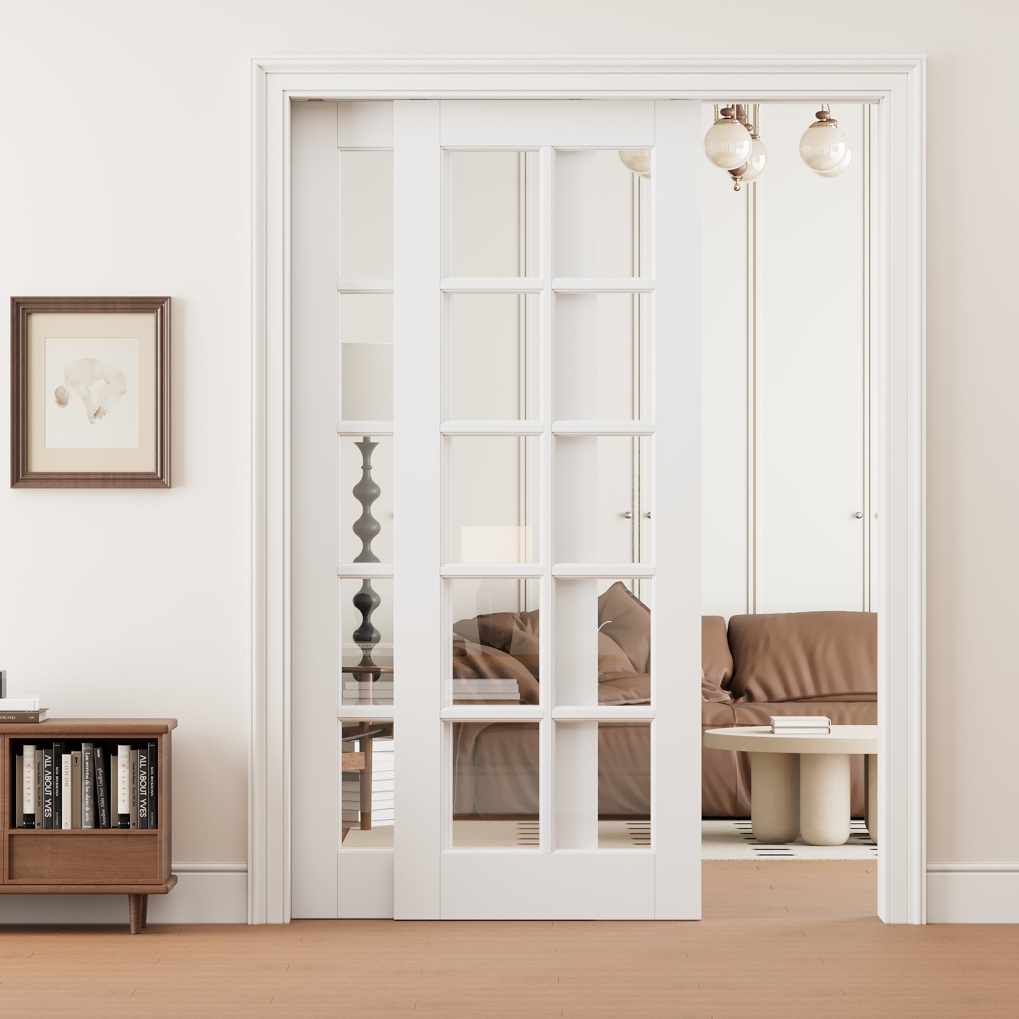 Ark Design 10 Lite Clear Glass Double Bypass Pocket Door with Hardware Kit & Soft Close & Frame, Solid Core MDF Wood & Paint-grade Finished, White