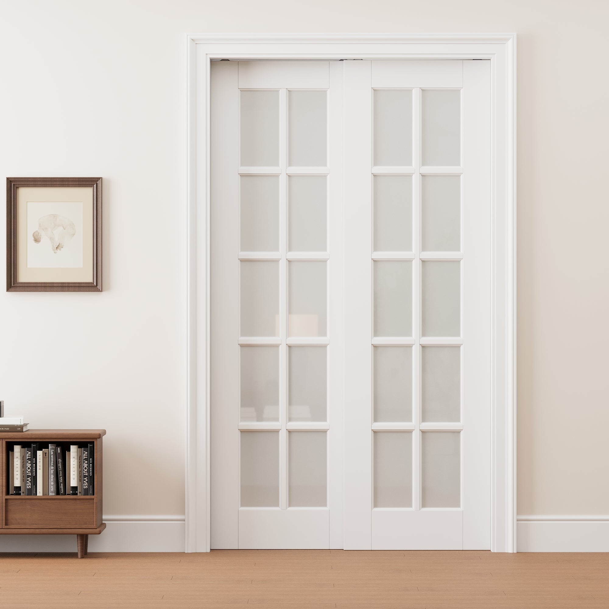 Ark Design 10 lite Frosted Glass Double Bypass Pocket Door with Hardware Kit & Soft Close & Frame, Solid Core MDF Wood & Paint-grade Finished, White