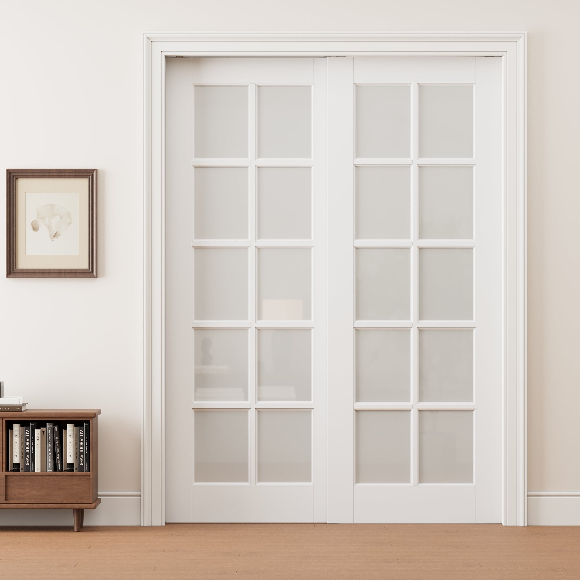 Ark Design 10 lite Frosted Glass Double Bypass Pocket Door with Hardware Kit & Soft Close & Frame, Solid Core MDF Wood & Paint-grade Finished, White