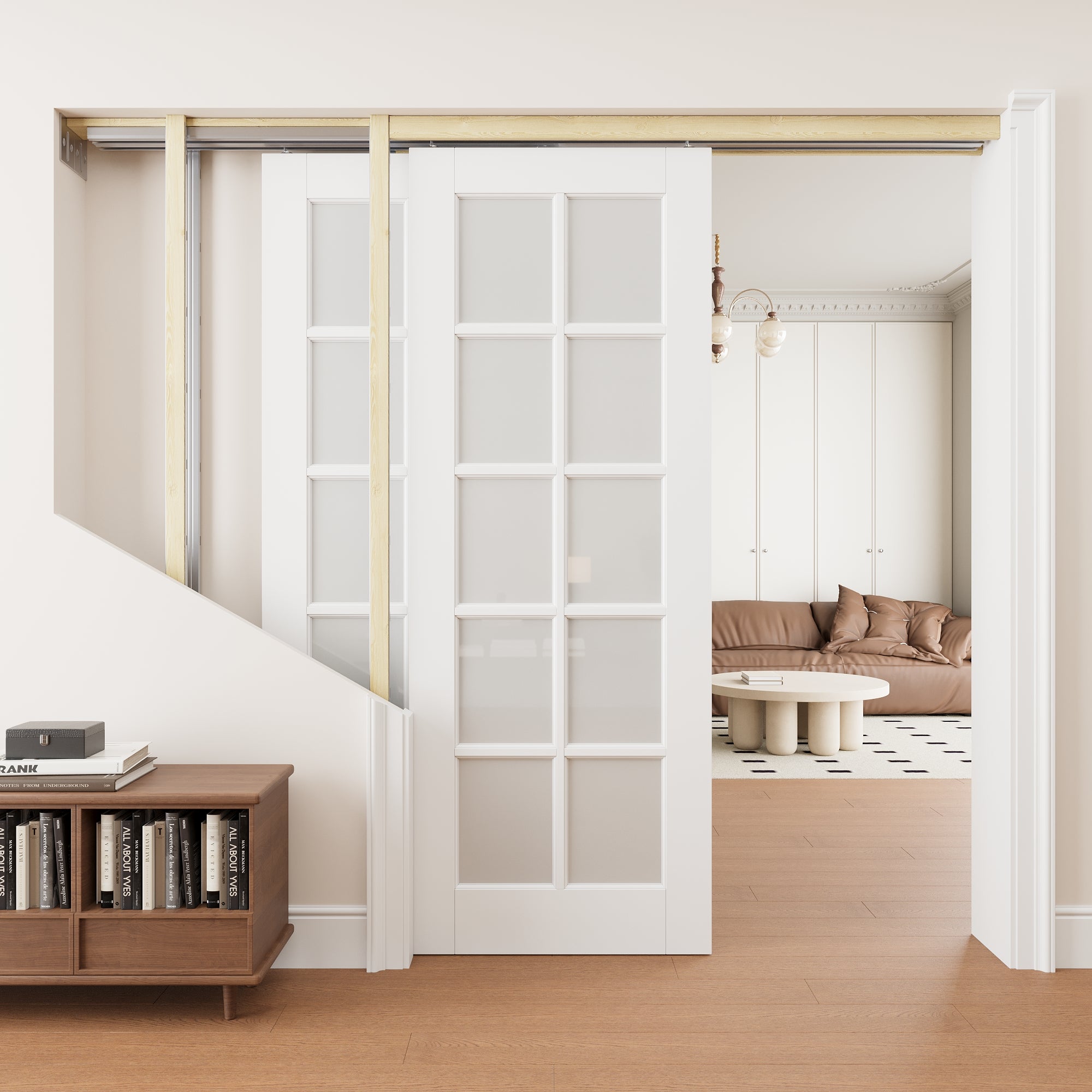 Ark Design 10 lite Frosted Glass Double Bypass Pocket Door with Hardware Kit & Soft Close & Frame, Solid Core MDF Wood & Paint-grade Finished, White