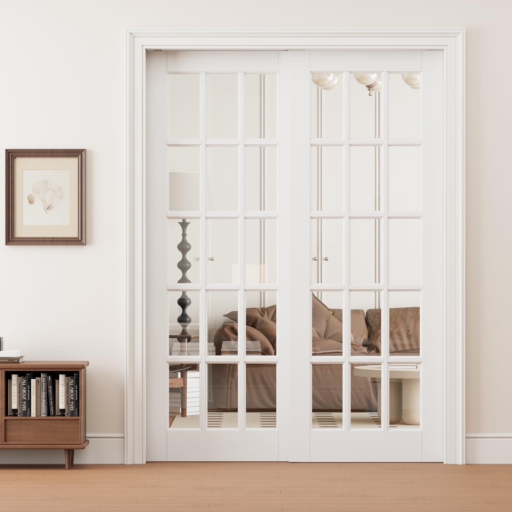 Ark Design 15 Lite Clear Glass Double Bypass Pocket Door with Hardware Kit & Soft Close & Frame, Solid Core MDF Wood & Paint-grade Finished, White