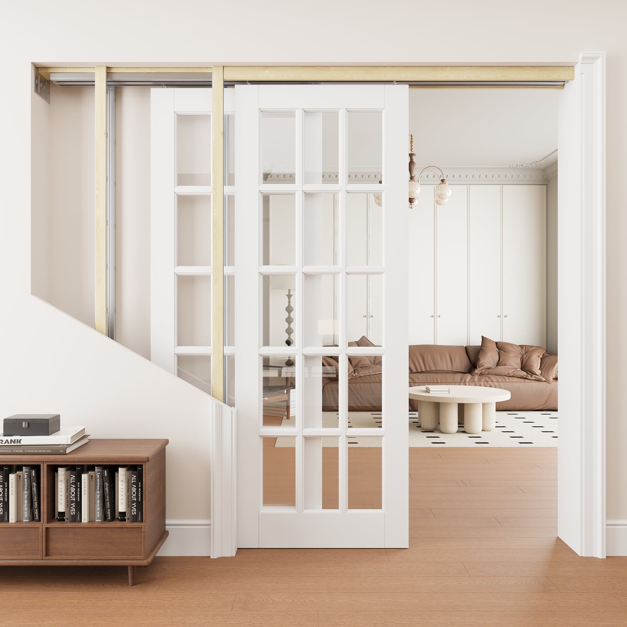 Ark Design 15 Lite Clear Glass Double Bypass Pocket Door with Hardware Kit & Soft Close & Frame, Solid Core MDF Wood & Paint-grade Finished, White