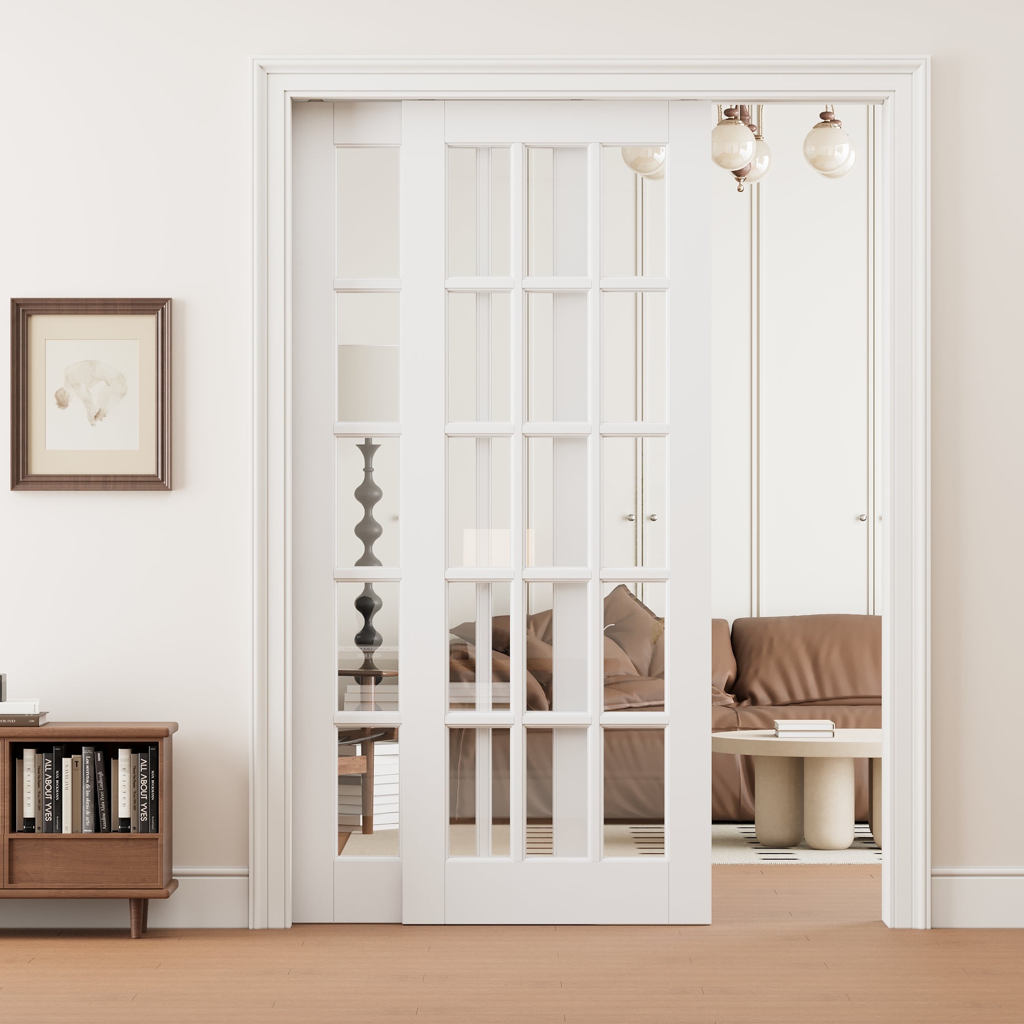 Ark Design 15 Lite Clear Glass Double Bypass Pocket Door with Hardware Kit & Soft Close & Frame, Solid Core MDF Wood & Paint-grade Finished, White