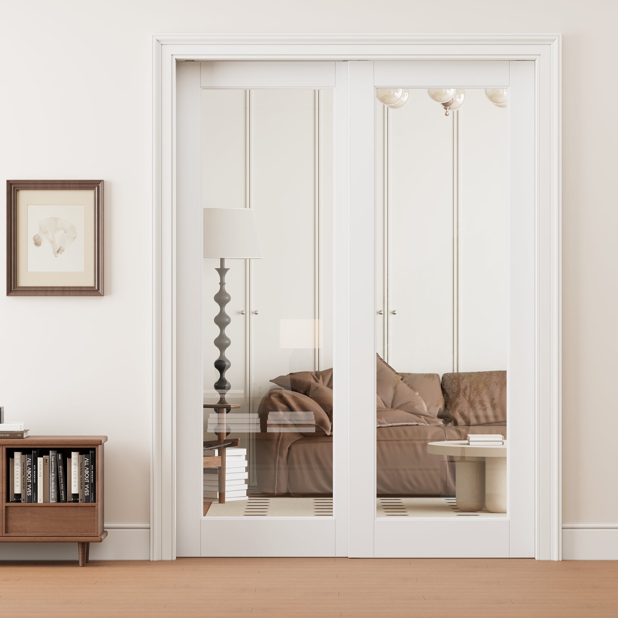 Ark Design 1 Lite Clear Glass Double Bypass Pocket Door with Hardware Kit & Soft Close & Frame, Solid Core MDF Wood & Paint-grade Finished, White