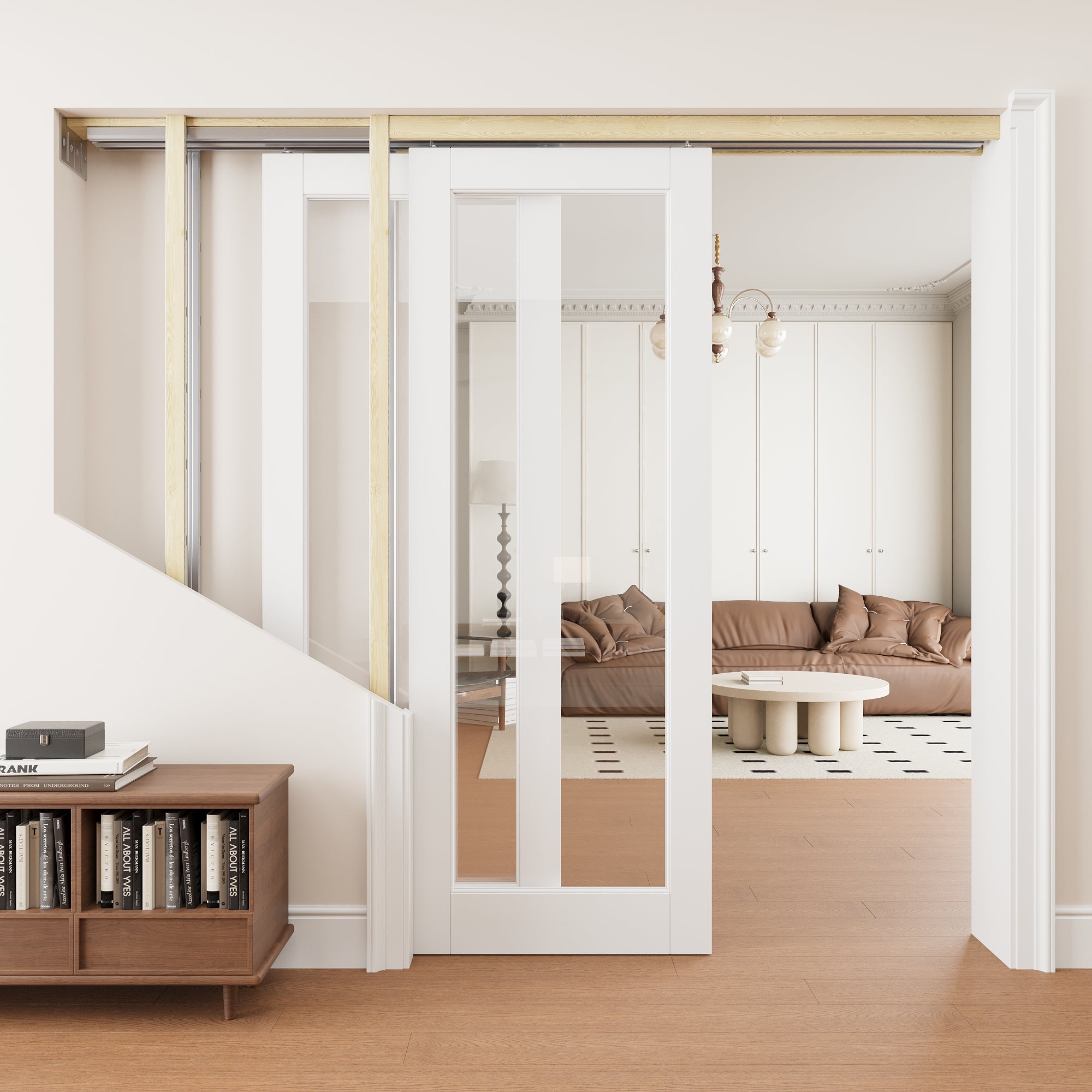 Ark Design 1 Lite Clear Glass Double Bypass Pocket Door with Hardware Kit & Soft Close & Frame, Solid Core MDF Wood & Paint-grade Finished, White