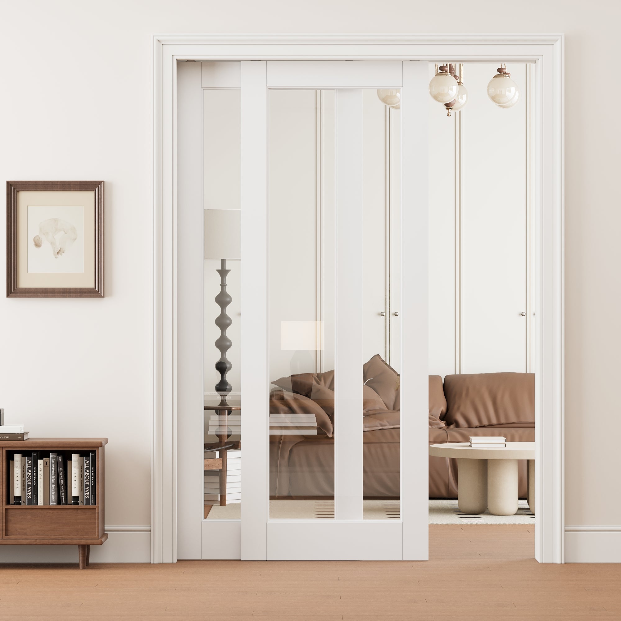 Ark Design 1 Lite Clear Glass Double Bypass Pocket Door with Hardware Kit & Soft Close & Frame, Solid Core MDF Wood & Paint-grade Finished, White