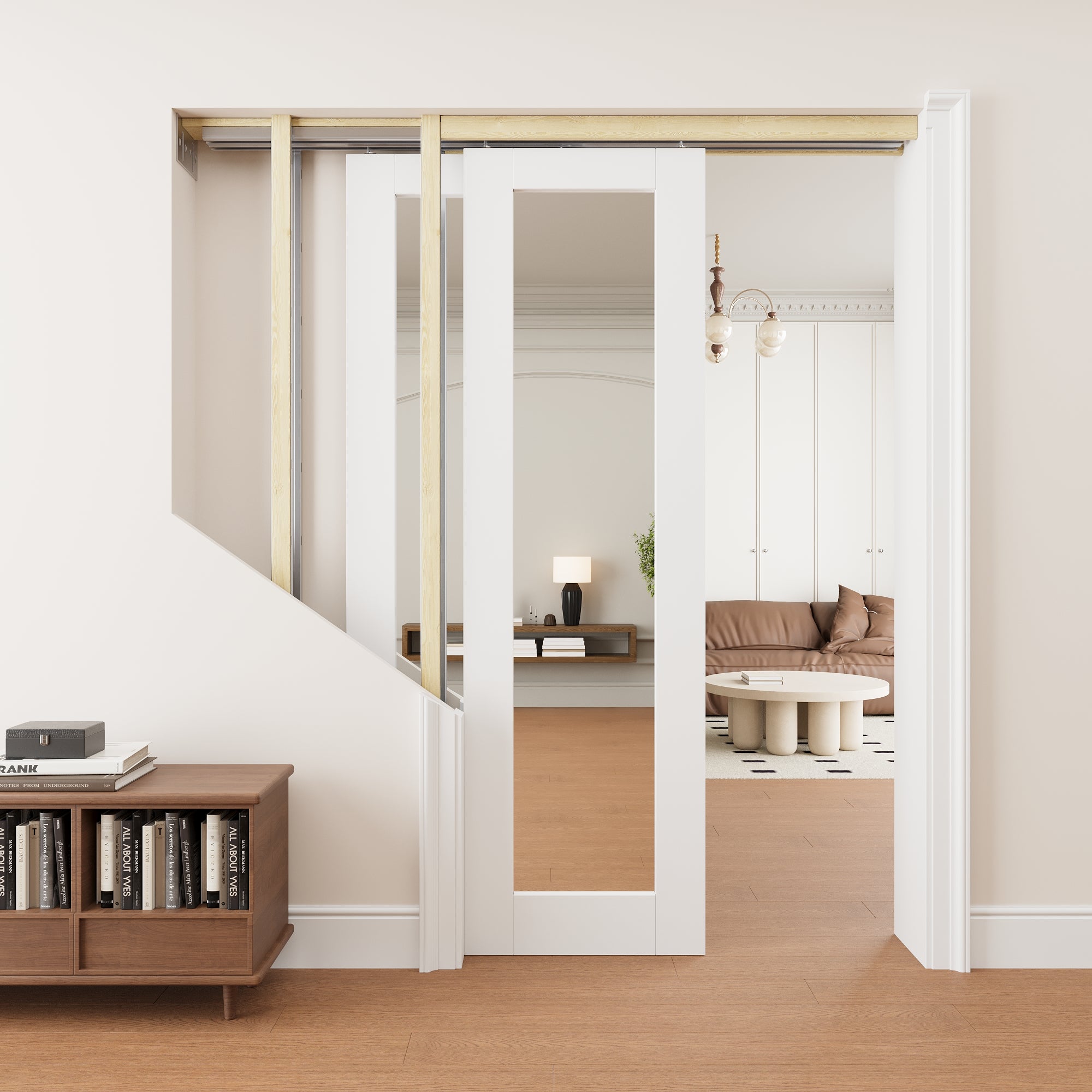 Ark Design 1 Lite Double Side Mirror Double Bypass Pocket Door with Hardware Kit & Soft Close & Frame, Solid Core MDF Wood & Paint-grade Finished, White