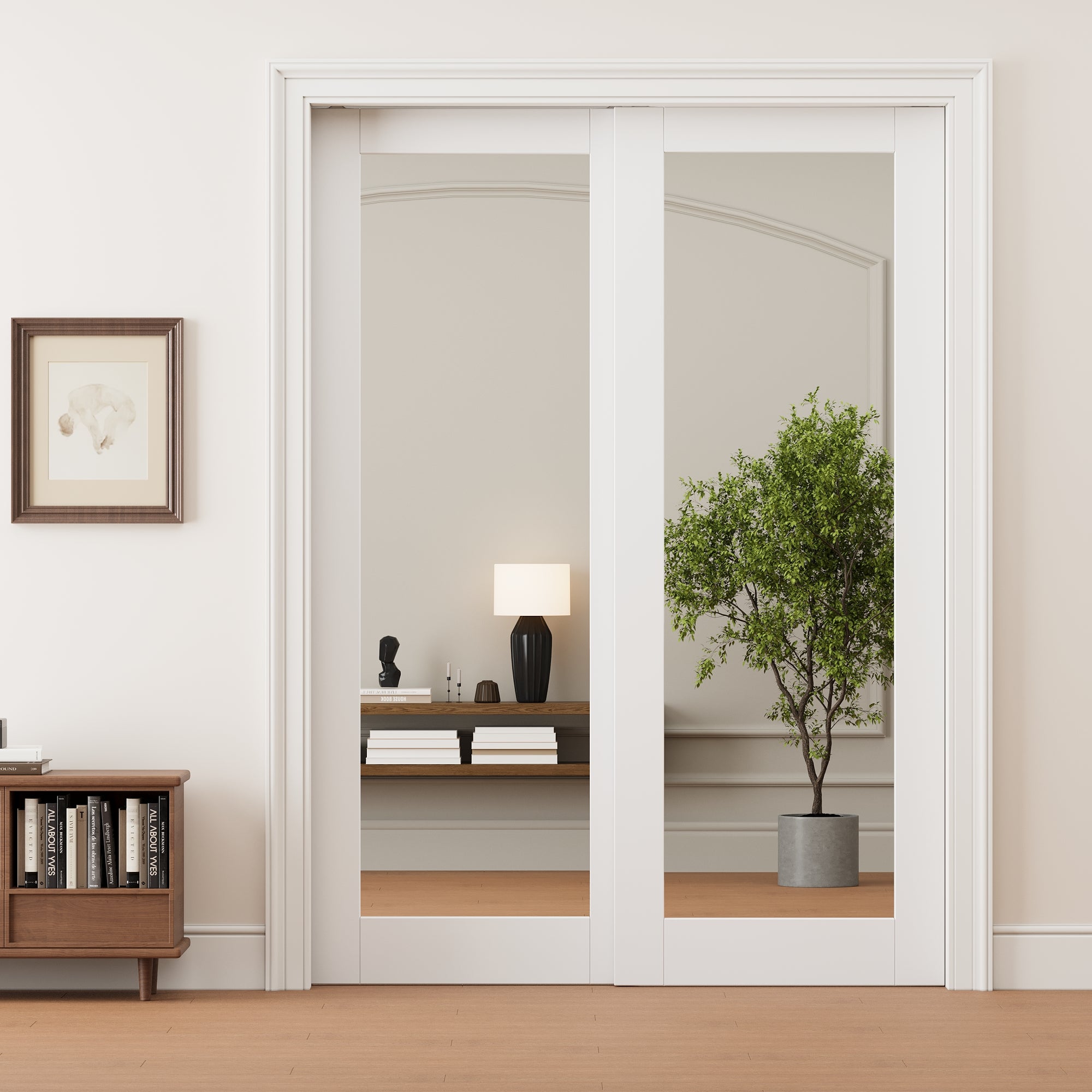 Ark Design 1 Lite One Side Mirror Double Bypass Pocket Door with Hardware Kit & Soft Close & Frame, Solid Core MDF Wood & Paint-grade Finished, White