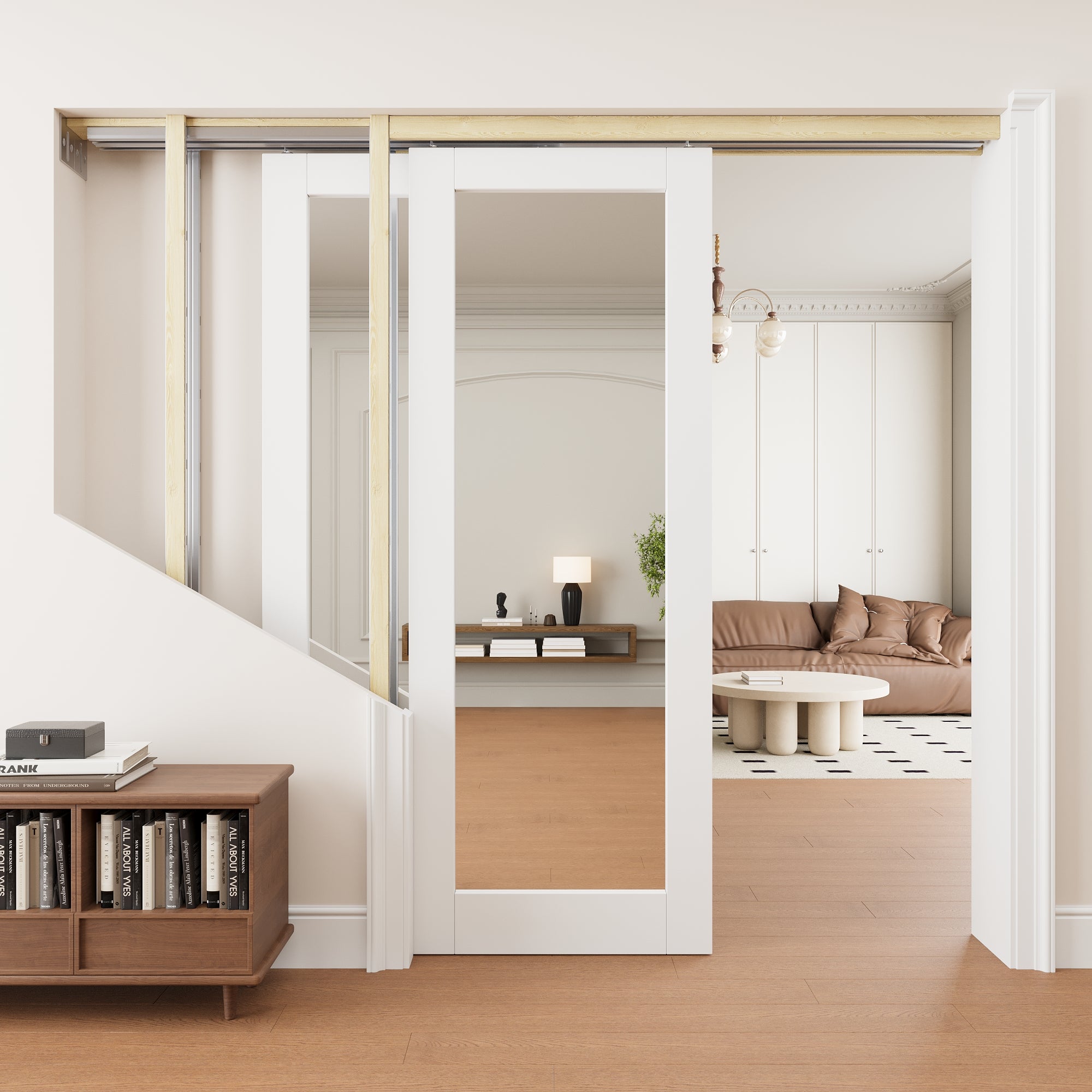 Ark Design 1 Lite One Side Mirror Double Bypass Pocket Door with Hardware Kit & Soft Close & Frame, Solid Core MDF Wood & Paint-grade Finished, White