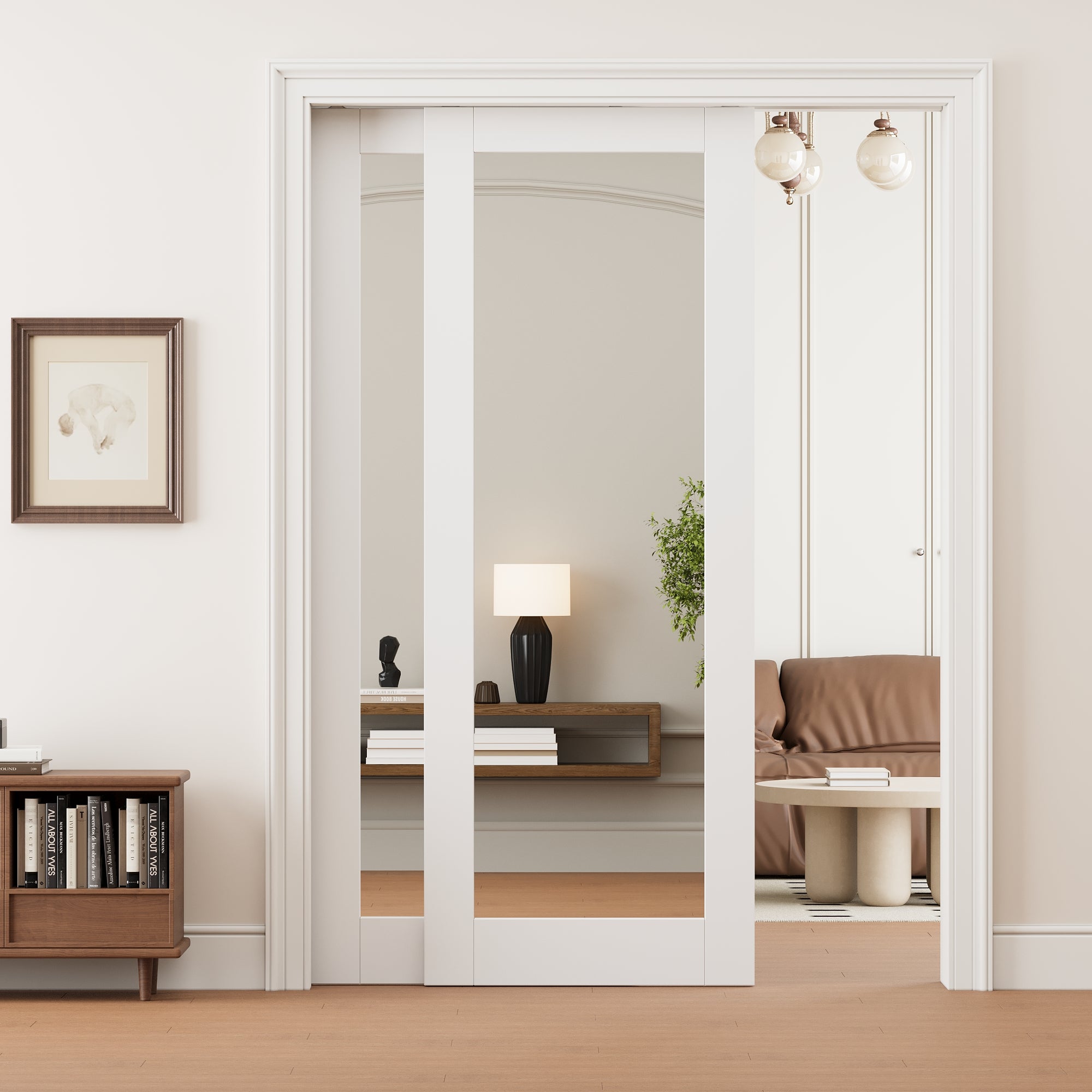 Ark Design 1 Lite One Side Mirror Double Bypass Pocket Door with Hardware Kit & Soft Close & Frame, Solid Core MDF Wood & Paint-grade Finished, White