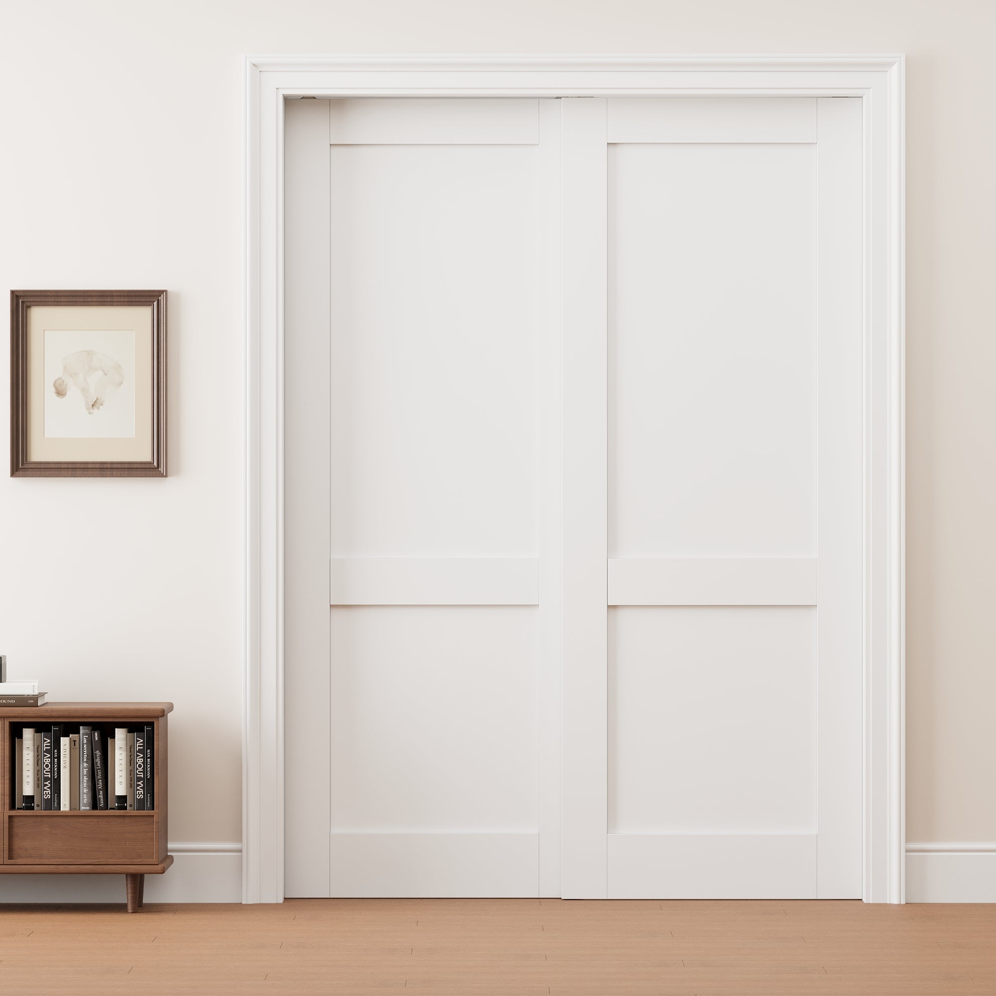 Ark Design 2 Panel Double Bypass Pocket Door with Hardware Kit & Soft Close & Frame, Solid Core MDF Wood & Paint-grade Finished, White