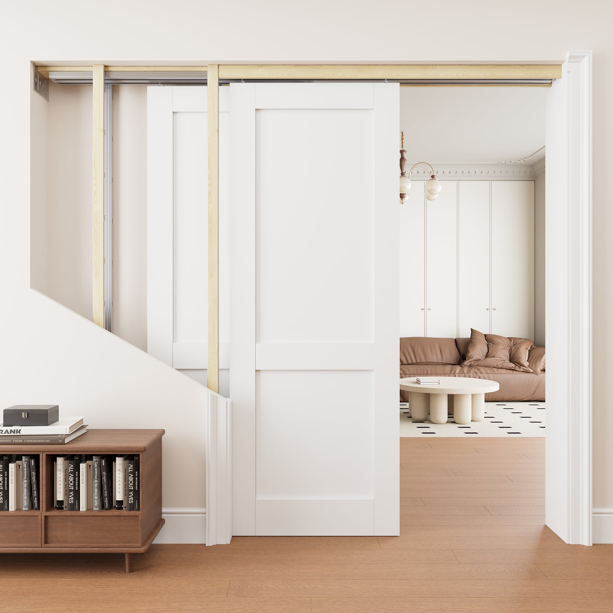 Ark Design 2 Panel Double Bypass Pocket Door with Hardware Kit & Soft Close & Frame, Solid Core MDF Wood & Paint-grade Finished, White