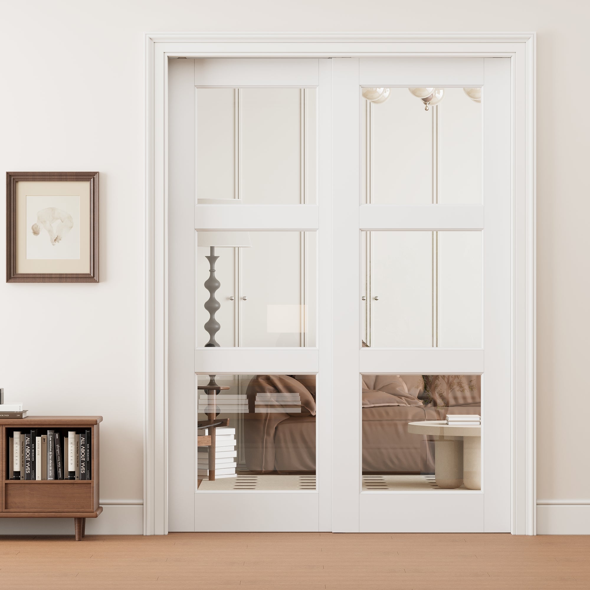 Ark Design 3 Lite Clear Glass Double Bypass Pocket Door with Hardware Kit & Soft Close & Frame, Solid Core MDF Wood & Paint-grade Finished, White