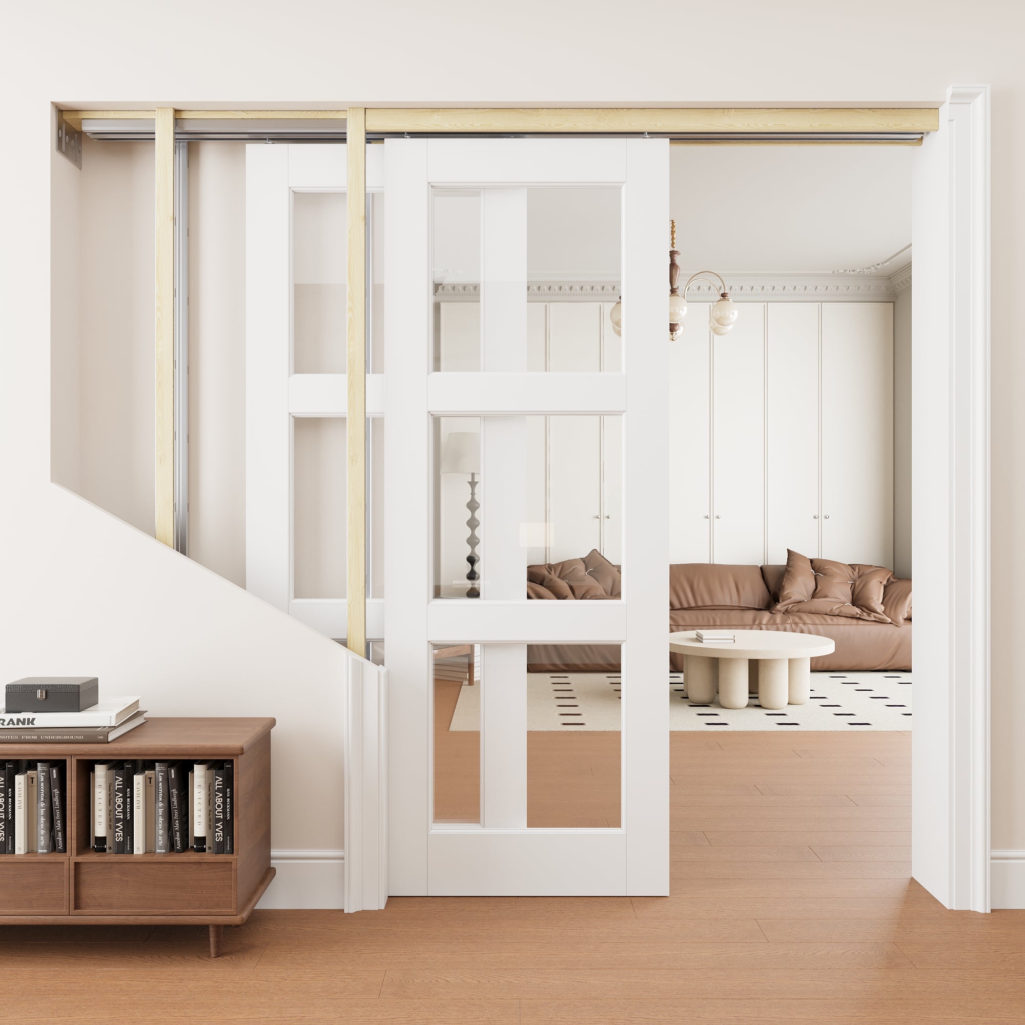 Ark Design 3 Lite Clear Glass Double Bypass Pocket Door with Hardware Kit & Soft Close & Frame, Solid Core MDF Wood & Paint-grade Finished, White