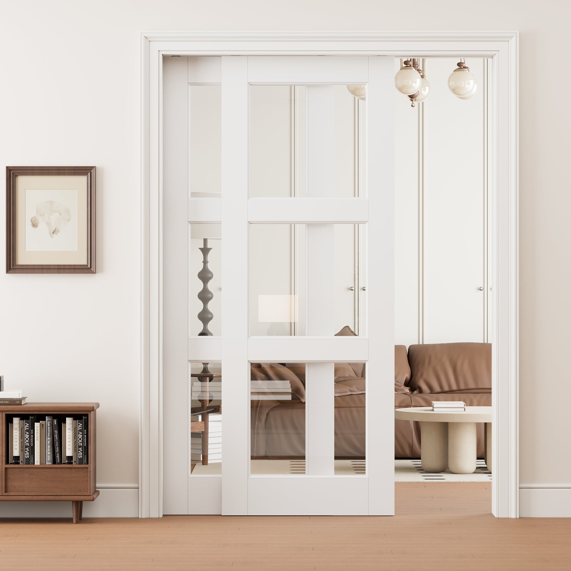 Ark Design 3 Lite Clear Glass Double Bypass Pocket Door with Hardware Kit & Soft Close & Frame, Solid Core MDF Wood & Paint-grade Finished, White