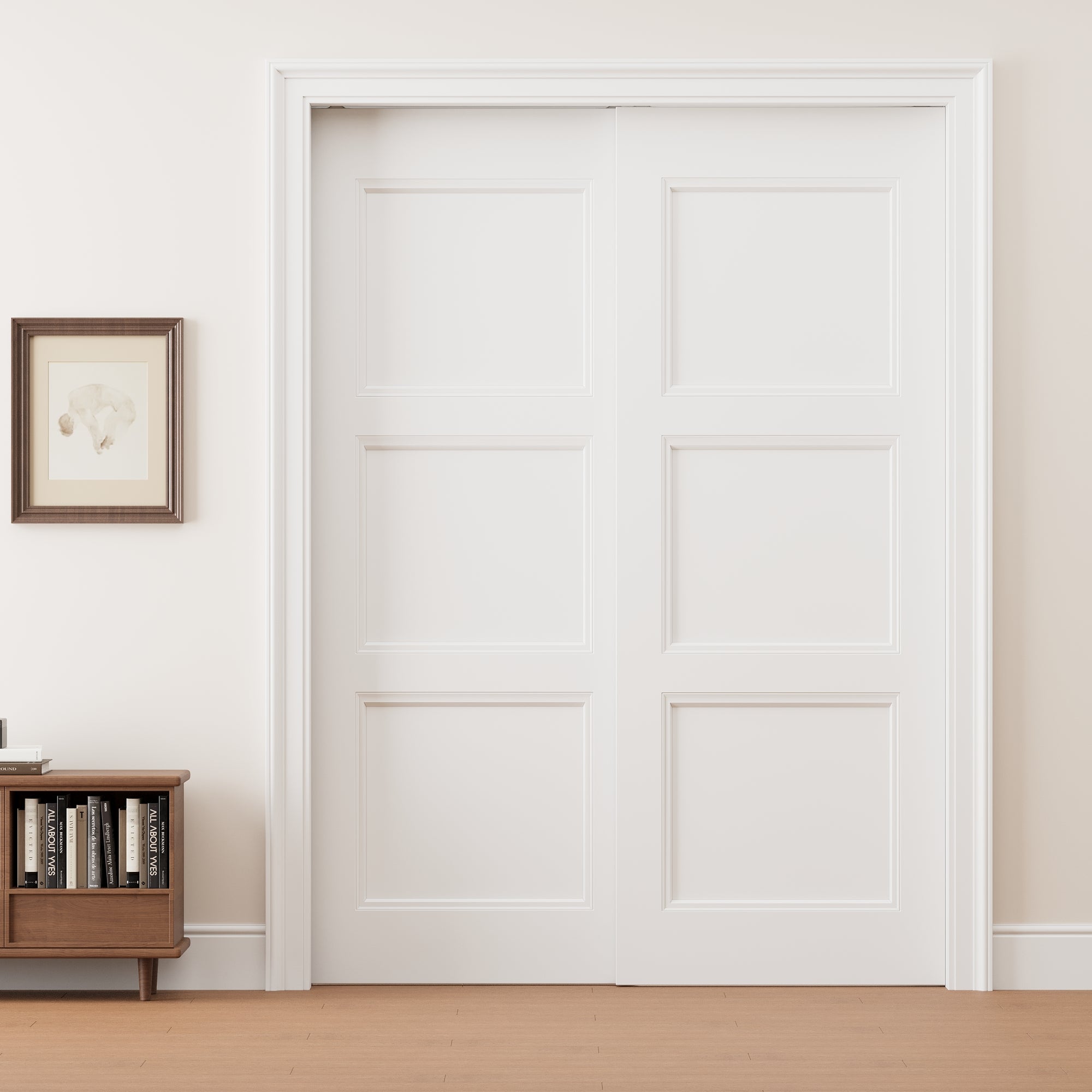 Ark Design 3 Panel Double Bypass Pocket Door with Hardware Kit & Soft Close & Frame, Solid Core MDF Wood & Paint-grade Finished, White