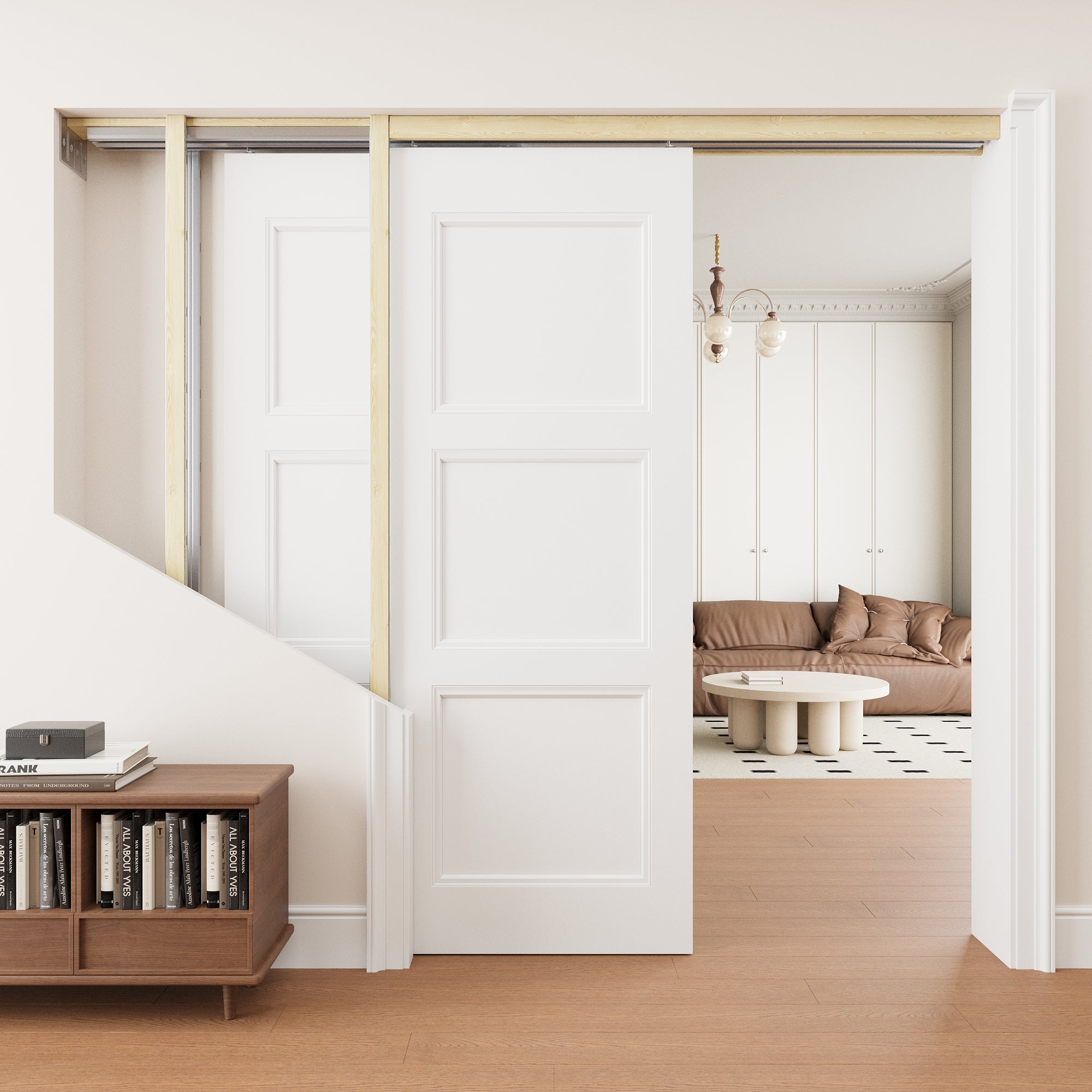 Ark Design 3 Panel Double Bypass Pocket Door with Hardware Kit & Soft Close & Frame, Solid Core MDF Wood & Paint-grade Finished, White