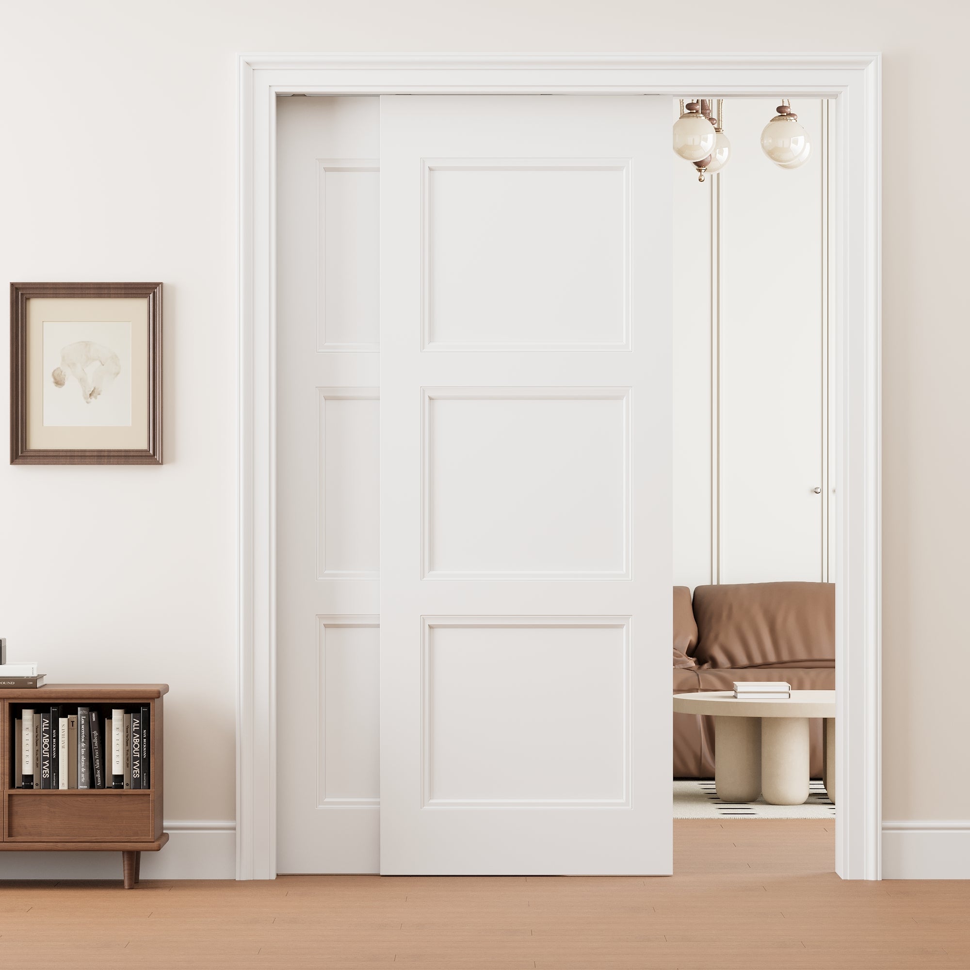 Ark Design 3 Panel Double Bypass Pocket Door with Hardware Kit & Soft Close & Frame, Solid Core MDF Wood & Paint-grade Finished, White