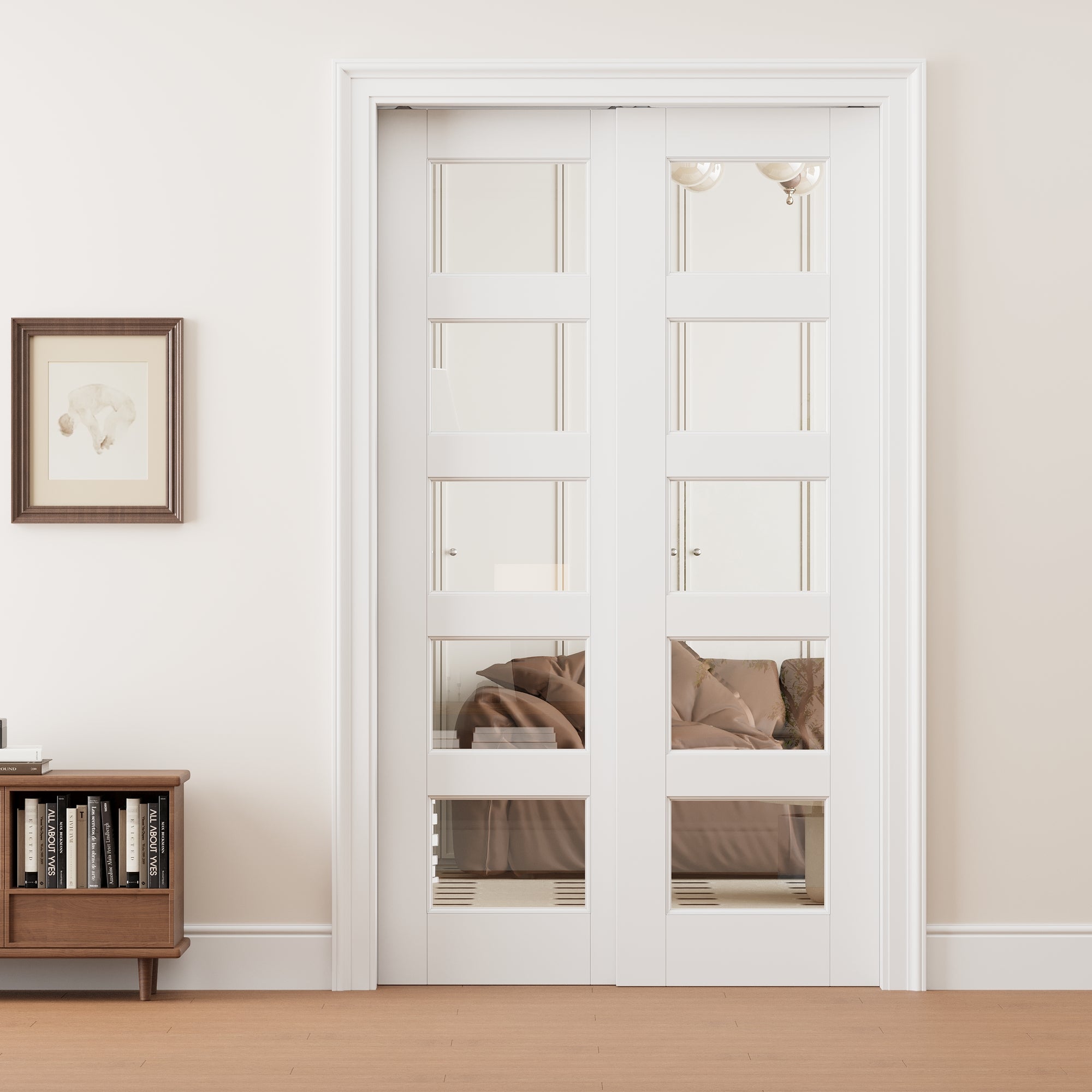Ark Design 5 Lite Clear Glass Double Bypass Pocket Door with Hardware Kit & Soft Close & Frame, Solid Core MDF Wood & Paint-grade Finished, White