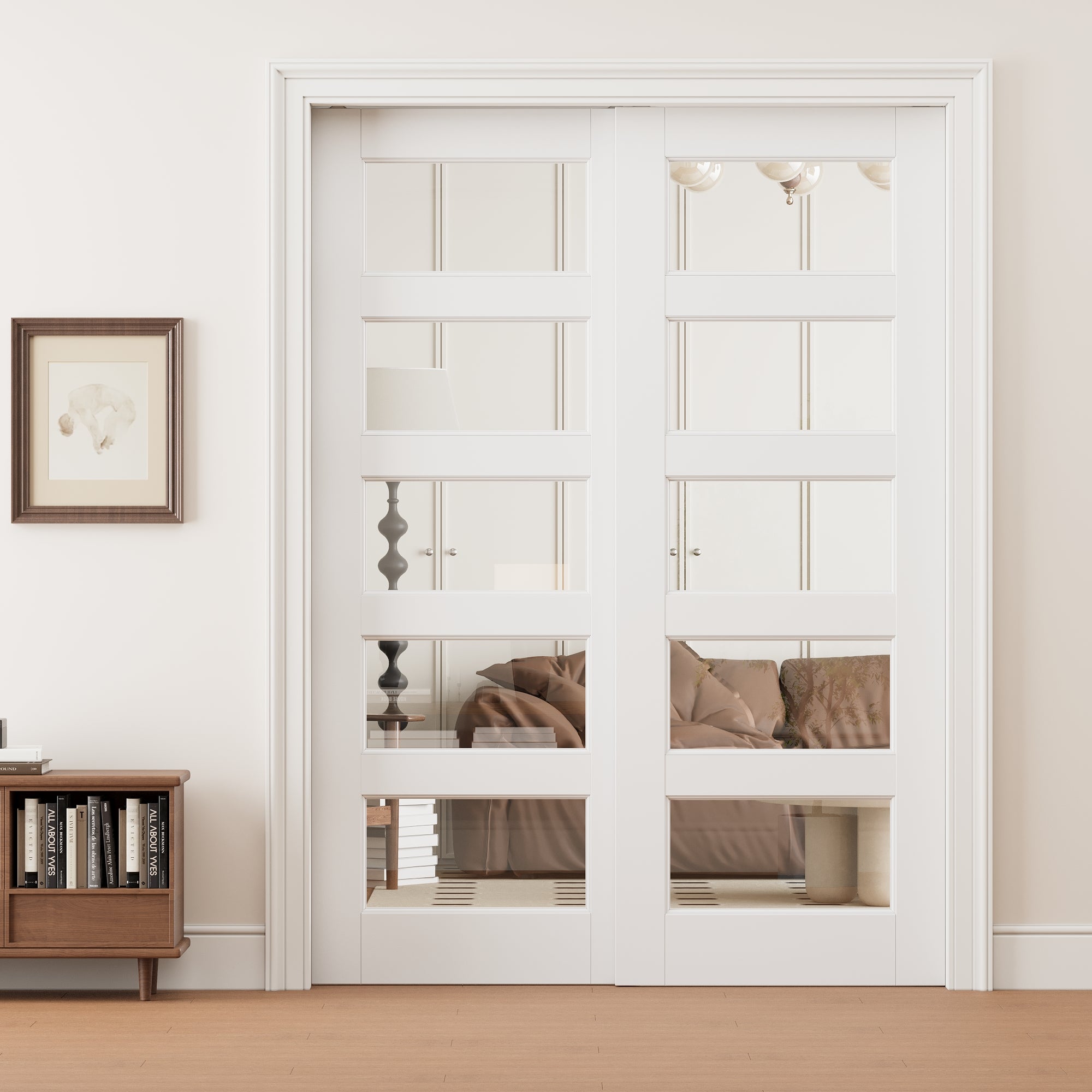 Ark Design 5 Lite Clear Glass Double Bypass Pocket Door with Hardware Kit & Soft Close & Frame, Solid Core MDF Wood & Paint-grade Finished, White