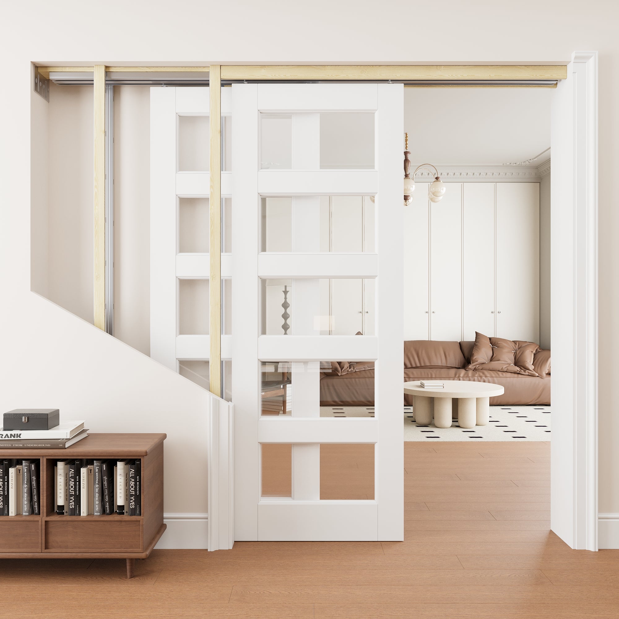 Ark Design 5 Lite Clear Glass Double Bypass Pocket Door with Hardware Kit & Soft Close & Frame, Solid Core MDF Wood & Paint-grade Finished, White