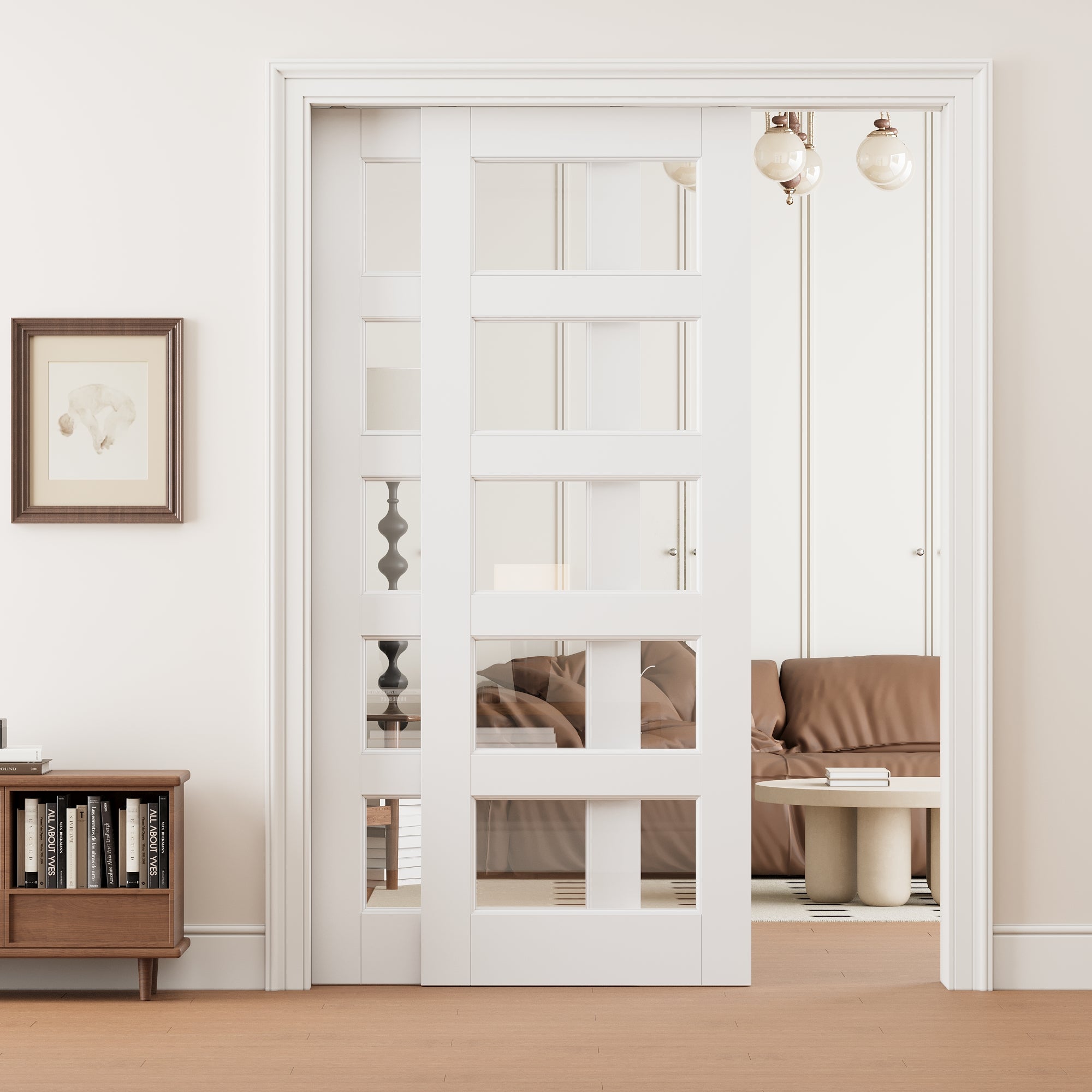 Ark Design 5 Lite Clear Glass Double Bypass Pocket Door with Hardware Kit & Soft Close & Frame, Solid Core MDF Wood & Paint-grade Finished, White