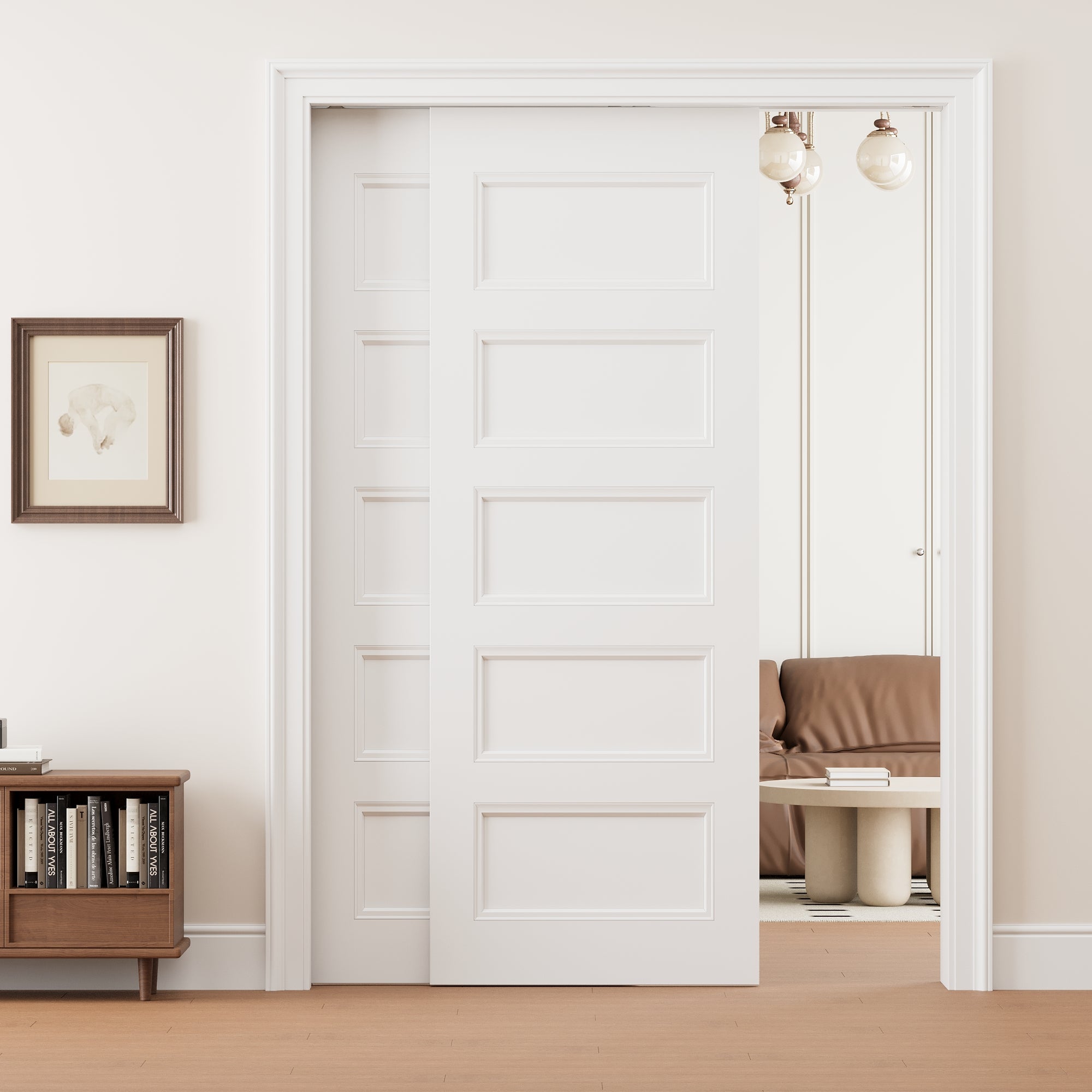 Ark Design 5 Panel Double Bypass Pocket Door with Hardware Kit & Soft Close & Frame, Solid Core MDF Wood & Paint-grade Finished, White