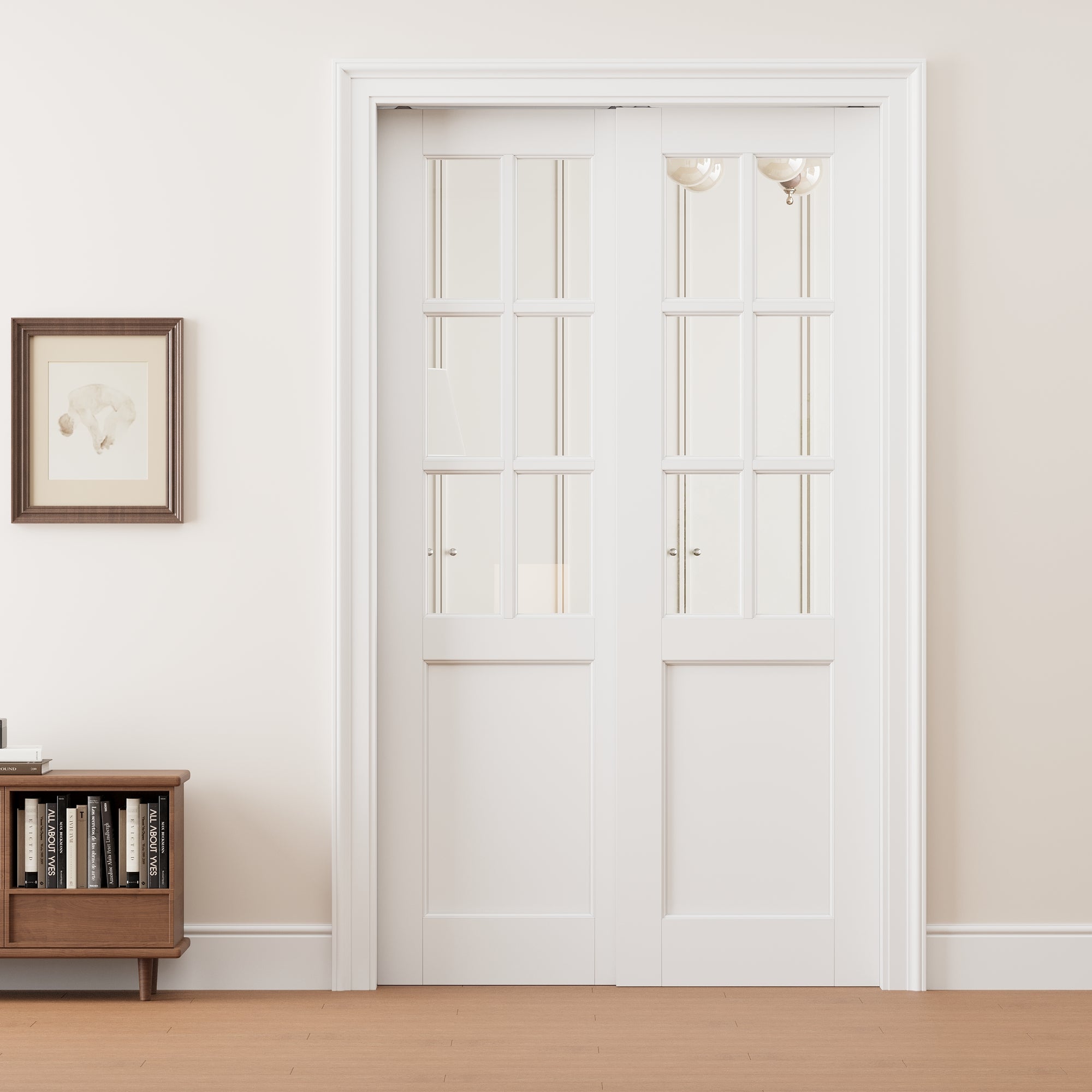 Ark Design 6 Lite Clear Glass Double Bypass Pocket Door with Hardware Kit & Soft Close & Frame, Solid Core MDF Wood & Paint-grade Finished, White