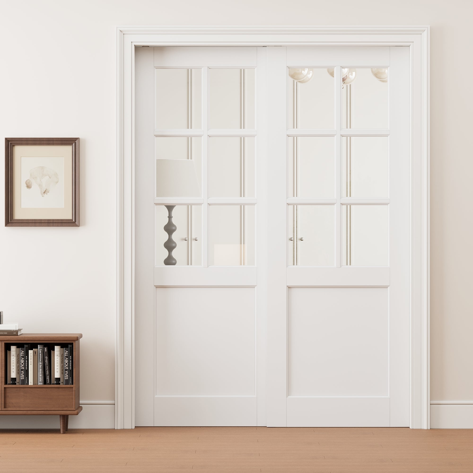 Ark Design 6 Lite Clear Glass Double Bypass Pocket Door with Hardware Kit & Soft Close & Frame, Solid Core MDF Wood & Paint-grade Finished, White