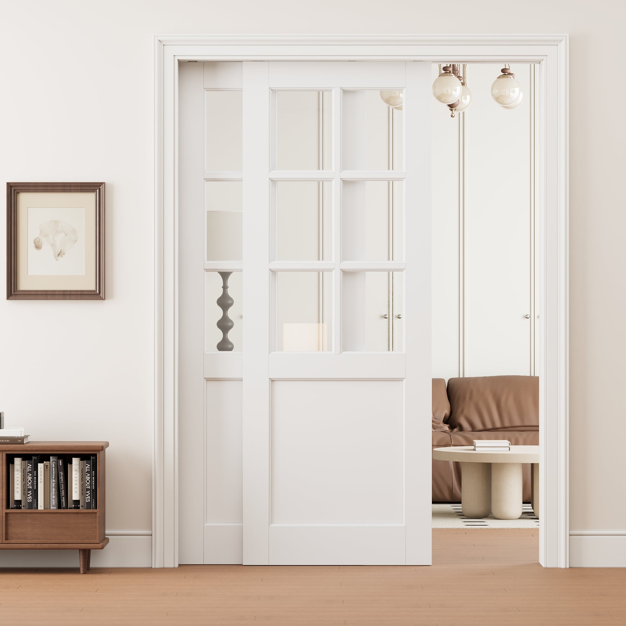 Ark Design 6 Lite Clear Glass Double Bypass Pocket Door with Hardware Kit & Soft Close & Frame, Solid Core MDF Wood & Paint-grade Finished, White