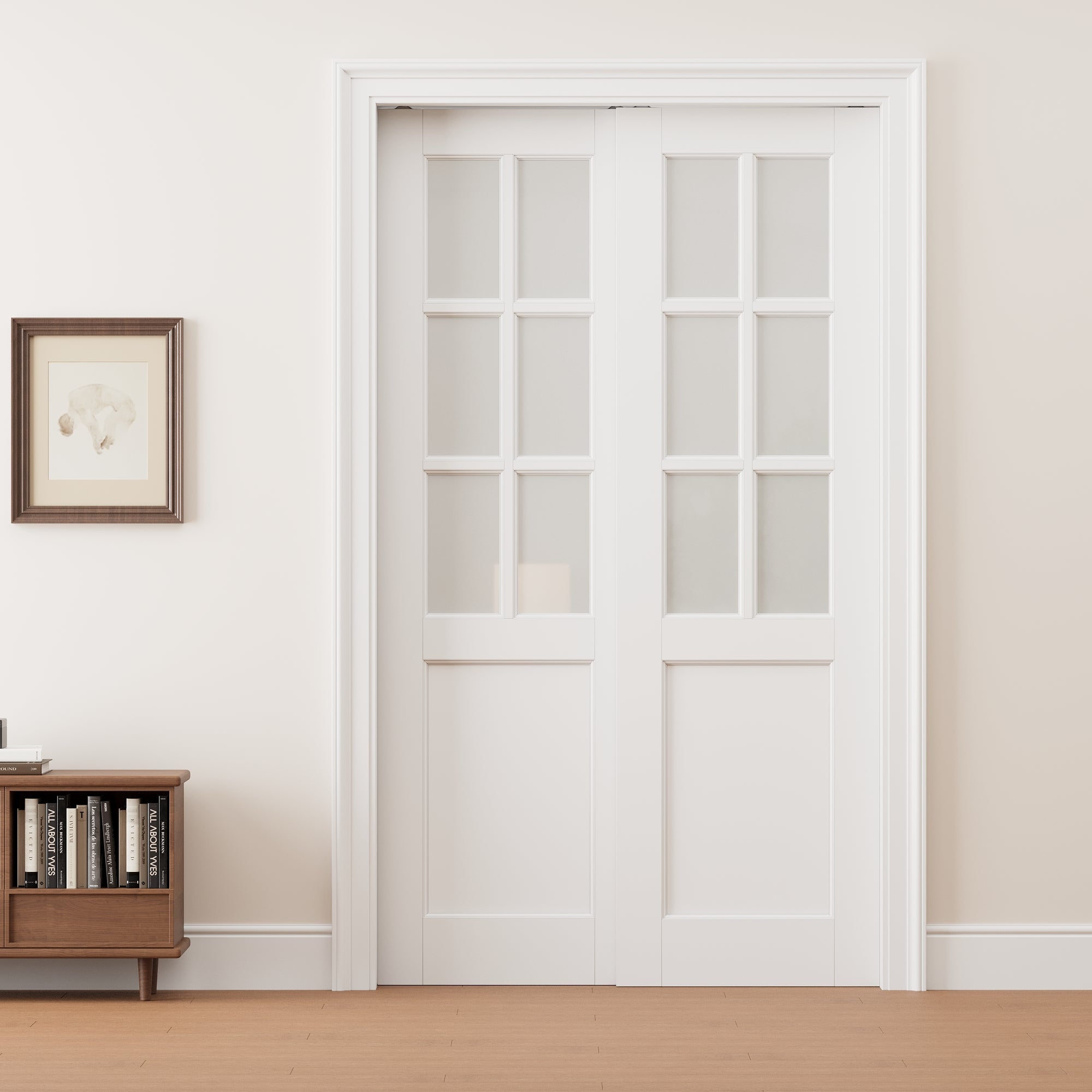 Ark Design 6 Lite Frosted Glass Double Bypass Pocket Door with Hardware Kit & Soft Close & Frame, Solid Core MDF Wood & Paint-grade Finished, White