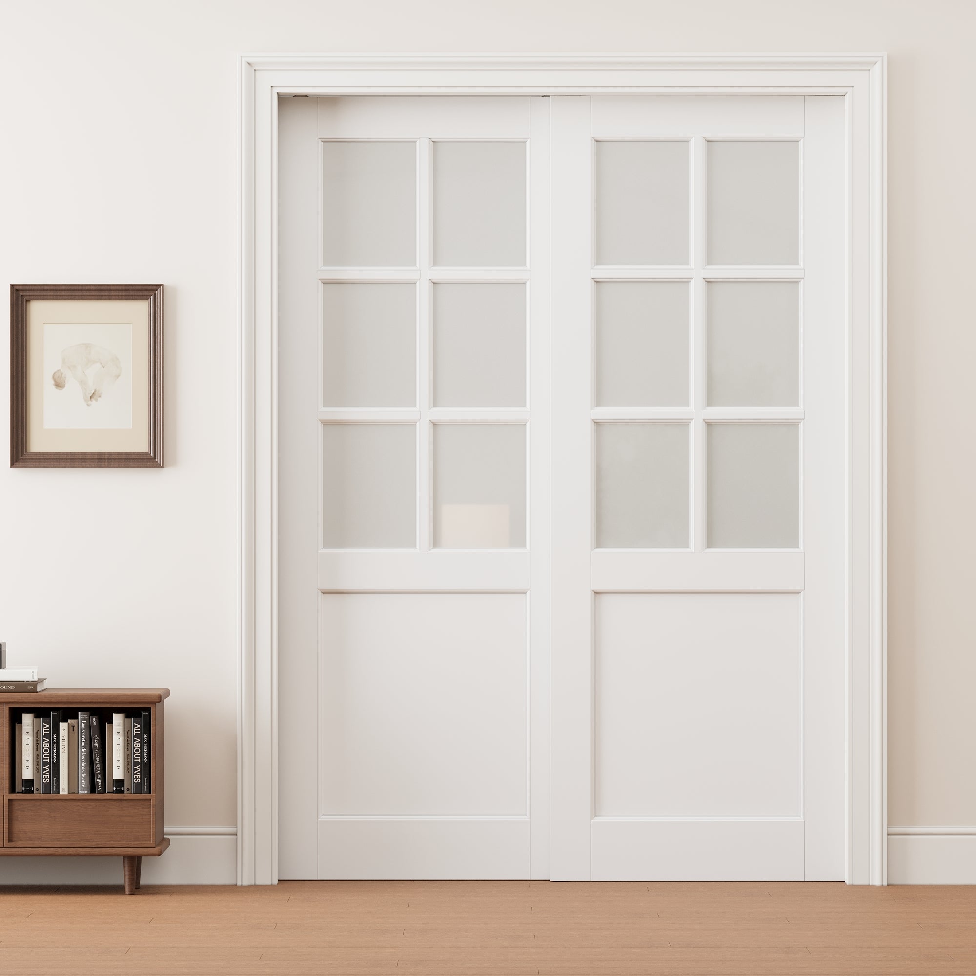 Ark Design 6 Lite Frosted Glass Double Bypass Pocket Door with Hardware Kit & Soft Close & Frame, Solid Core MDF Wood & Paint-grade Finished, White