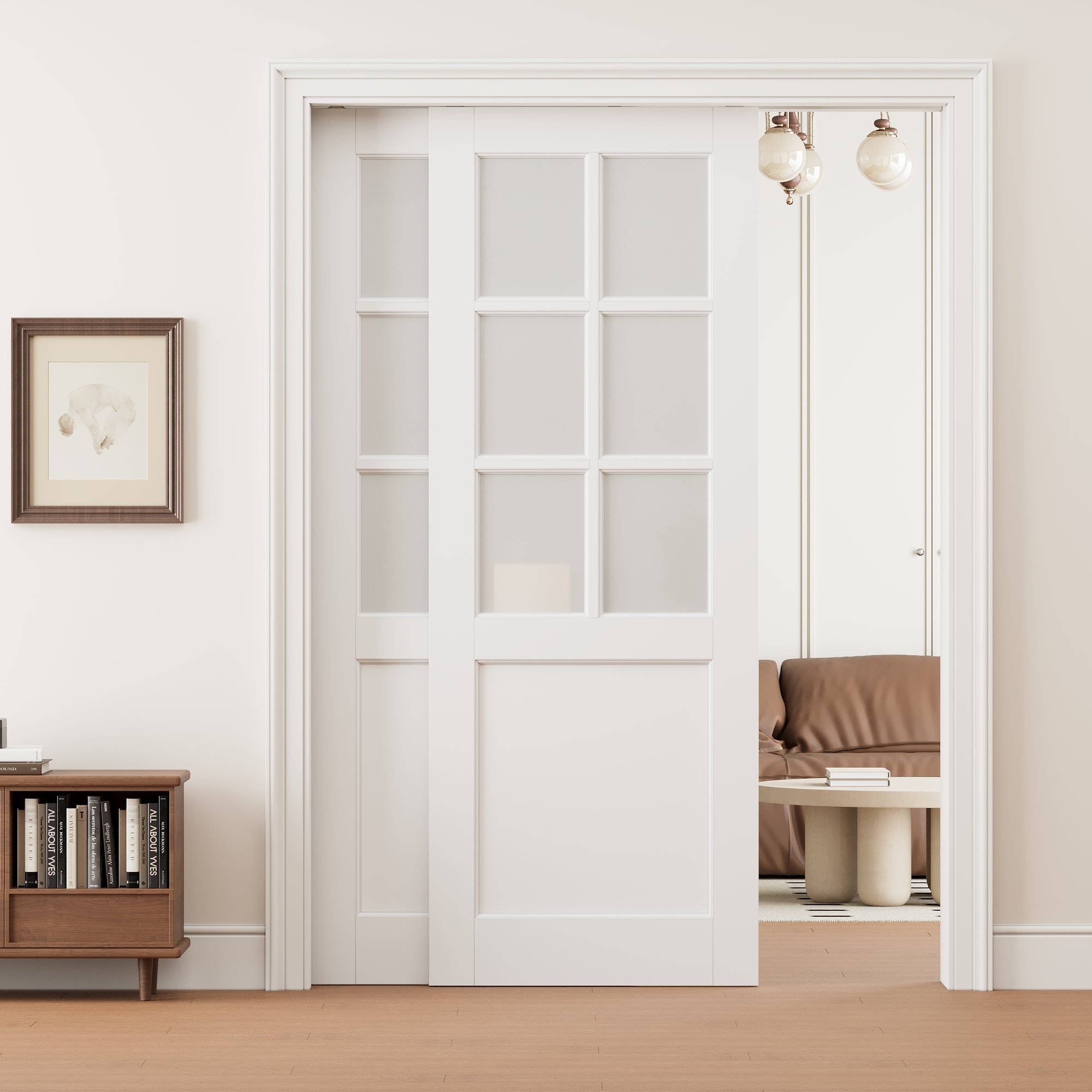 Ark Design 6 Lite Frosted Glass Double Bypass Pocket Door with Hardware Kit & Soft Close & Frame, Solid Core MDF Wood & Paint-grade Finished, White