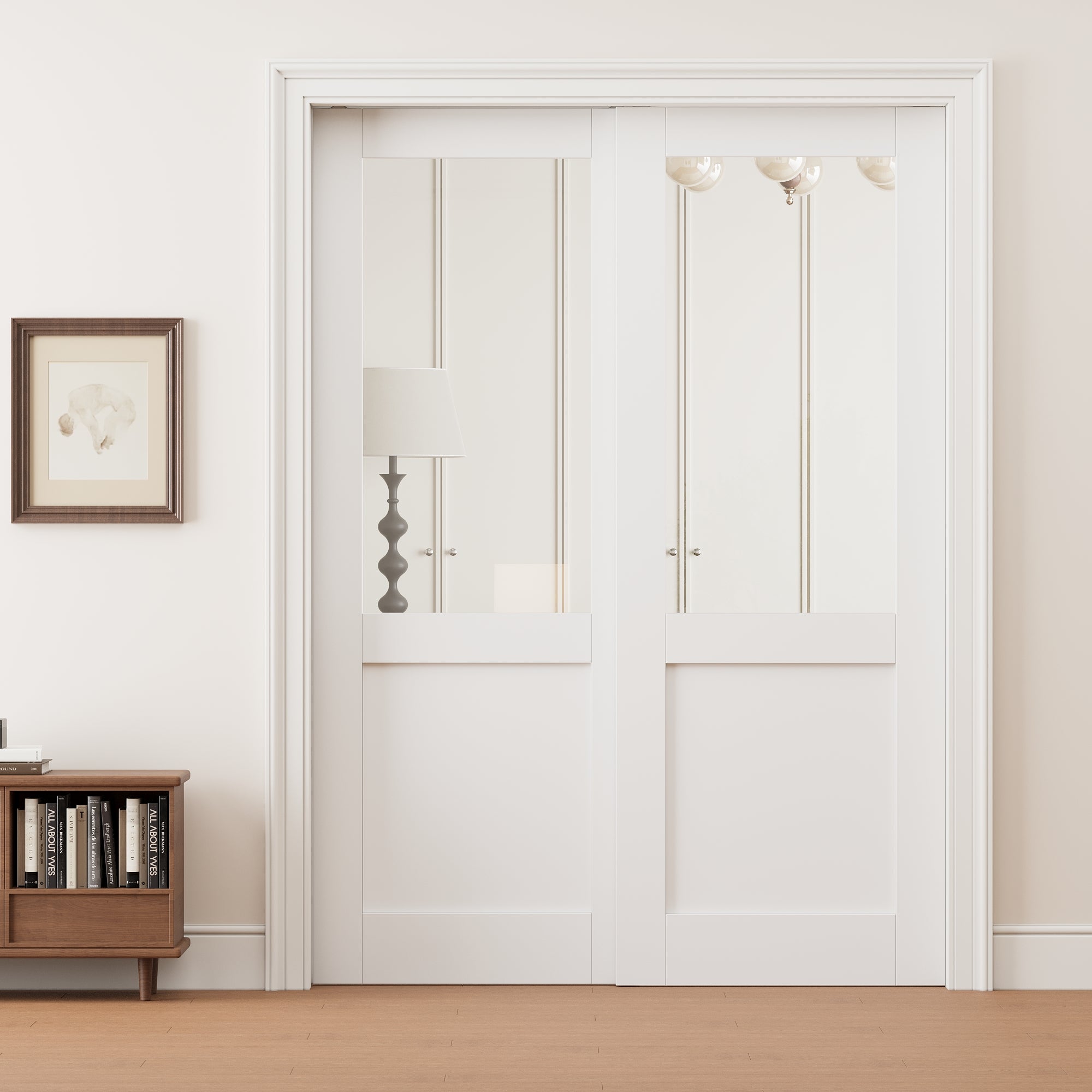 Ark Design Half Lite Clear Glass Double Bypass Pocket Door with Hardware Kit & Soft Close & Frame, Solid Core MDF Wood & Paint-grade Finished, White