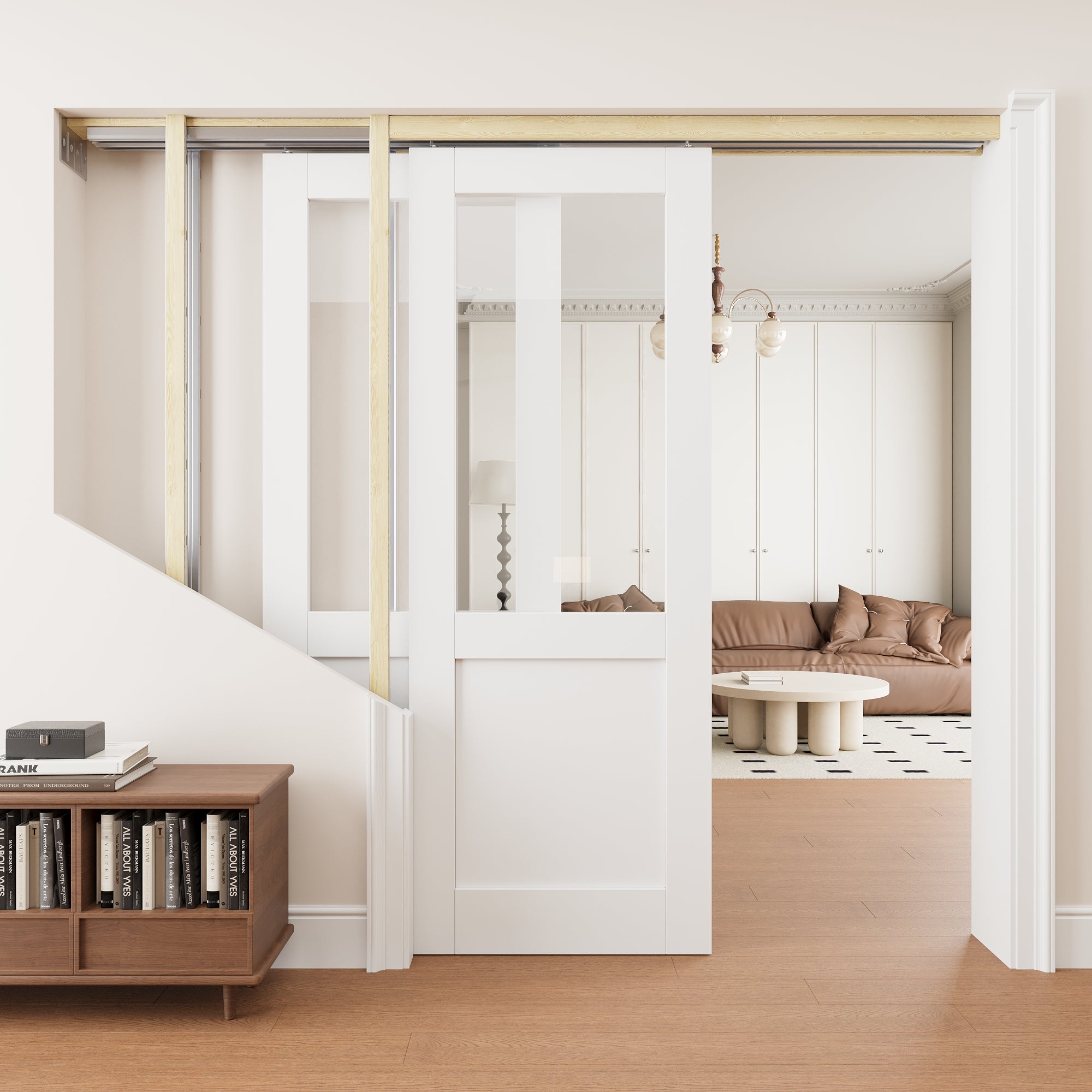 Ark Design Half Lite Clear Glass Double Bypass Pocket Door with Hardware Kit & Soft Close & Frame, Solid Core MDF Wood & Paint-grade Finished, White