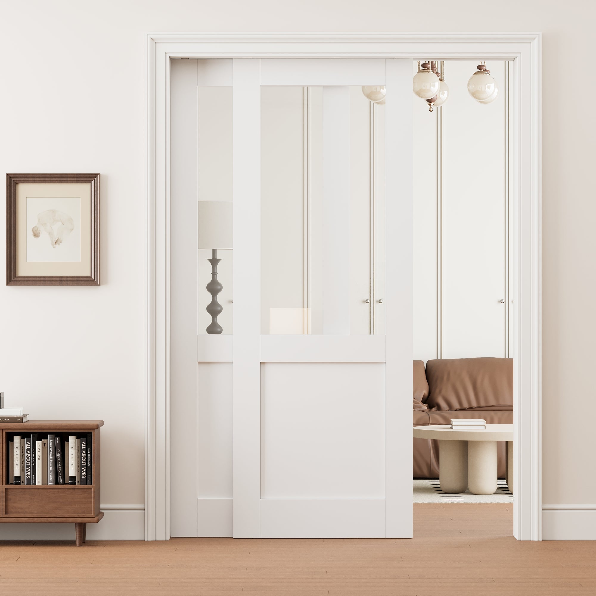 Ark Design Half Lite Clear Glass Double Bypass Pocket Door with Hardware Kit & Soft Close & Frame, Solid Core MDF Wood & Paint-grade Finished, White