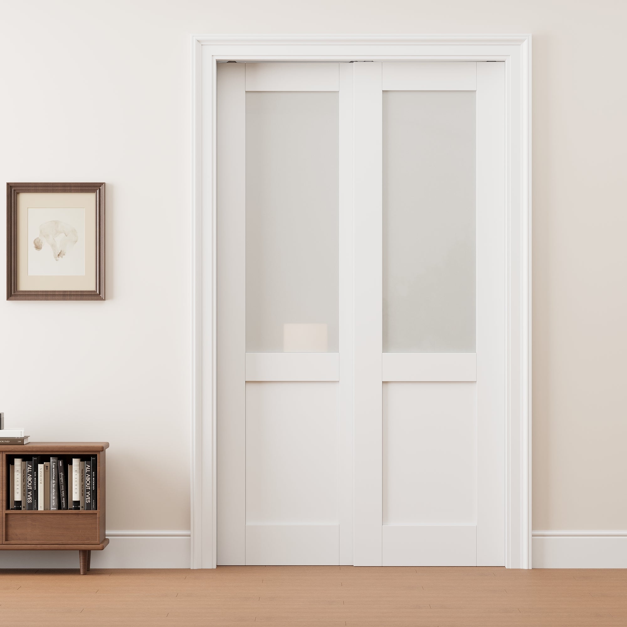 Ark Design Half Lite Frosted Glass Double Bypass Pocket Door with Hardware Kit & Soft Close & Frame, Solid Core MDF Wood & Paint-grade Finished, White