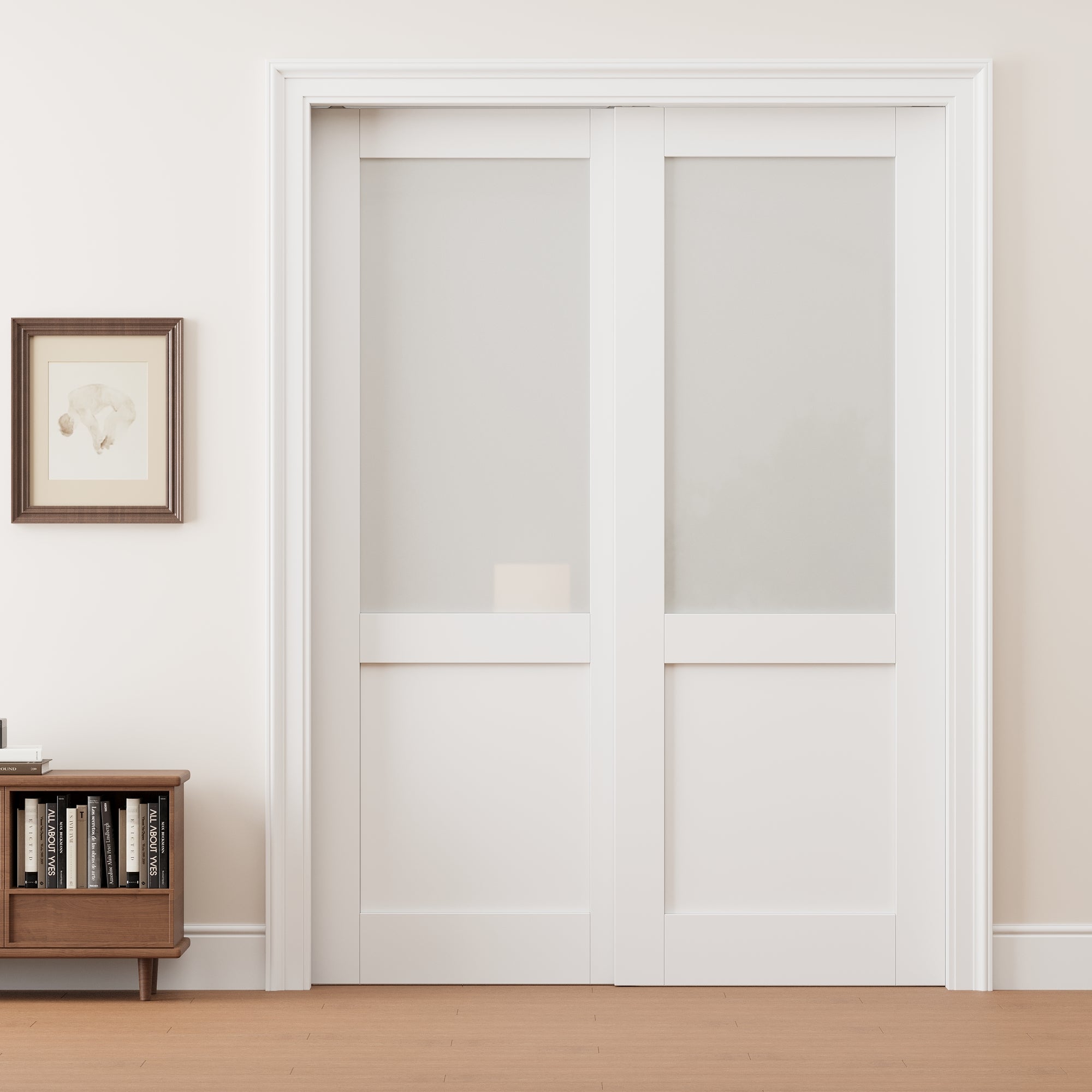 Ark Design Half Lite Frosted Glass Double Bypass Pocket Door with Hardware Kit & Soft Close & Frame, Solid Core MDF Wood & Paint-grade Finished, White