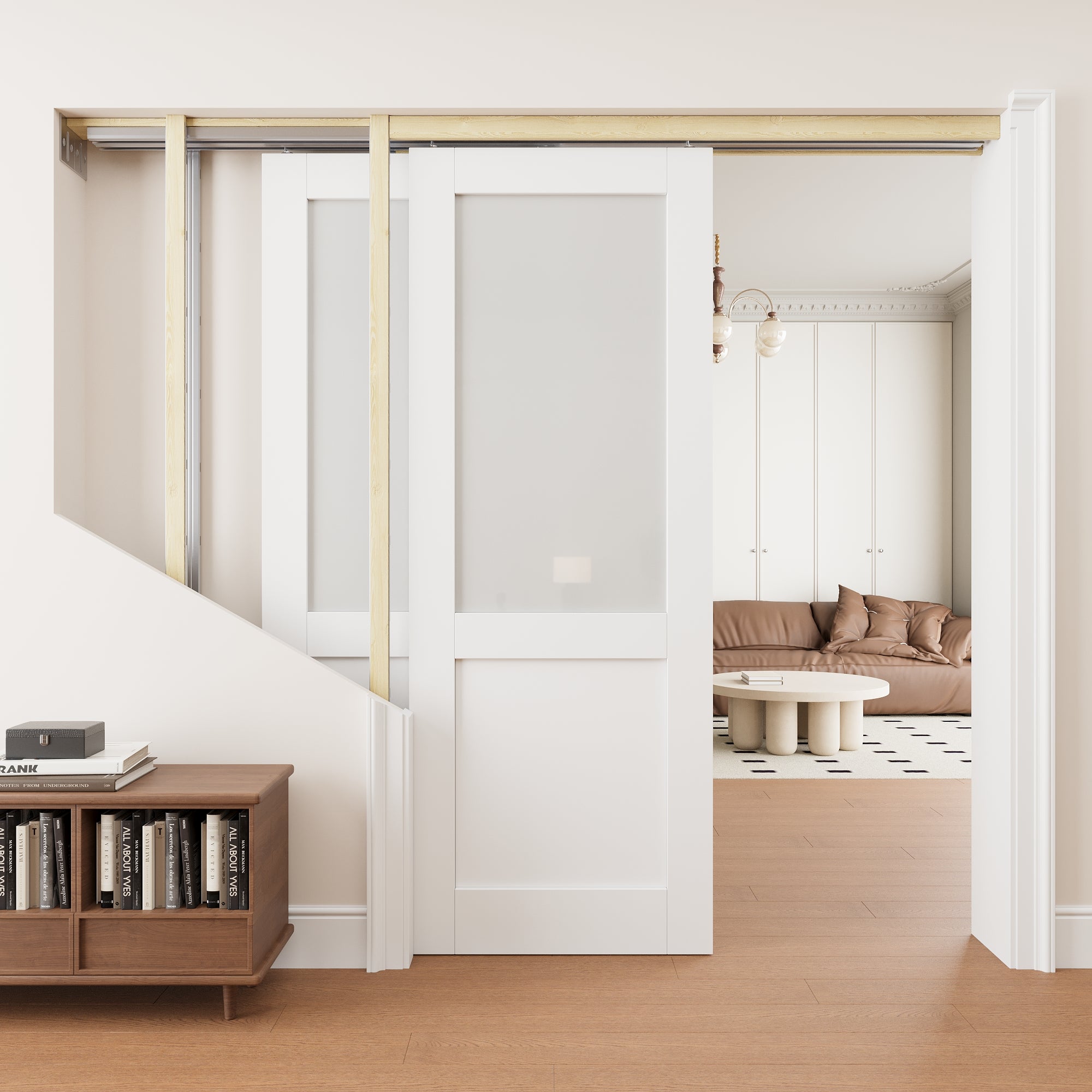 Ark Design Half Lite Frosted Glass Double Bypass Pocket Door with Hardware Kit & Soft Close & Frame, Solid Core MDF Wood & Paint-grade Finished, White