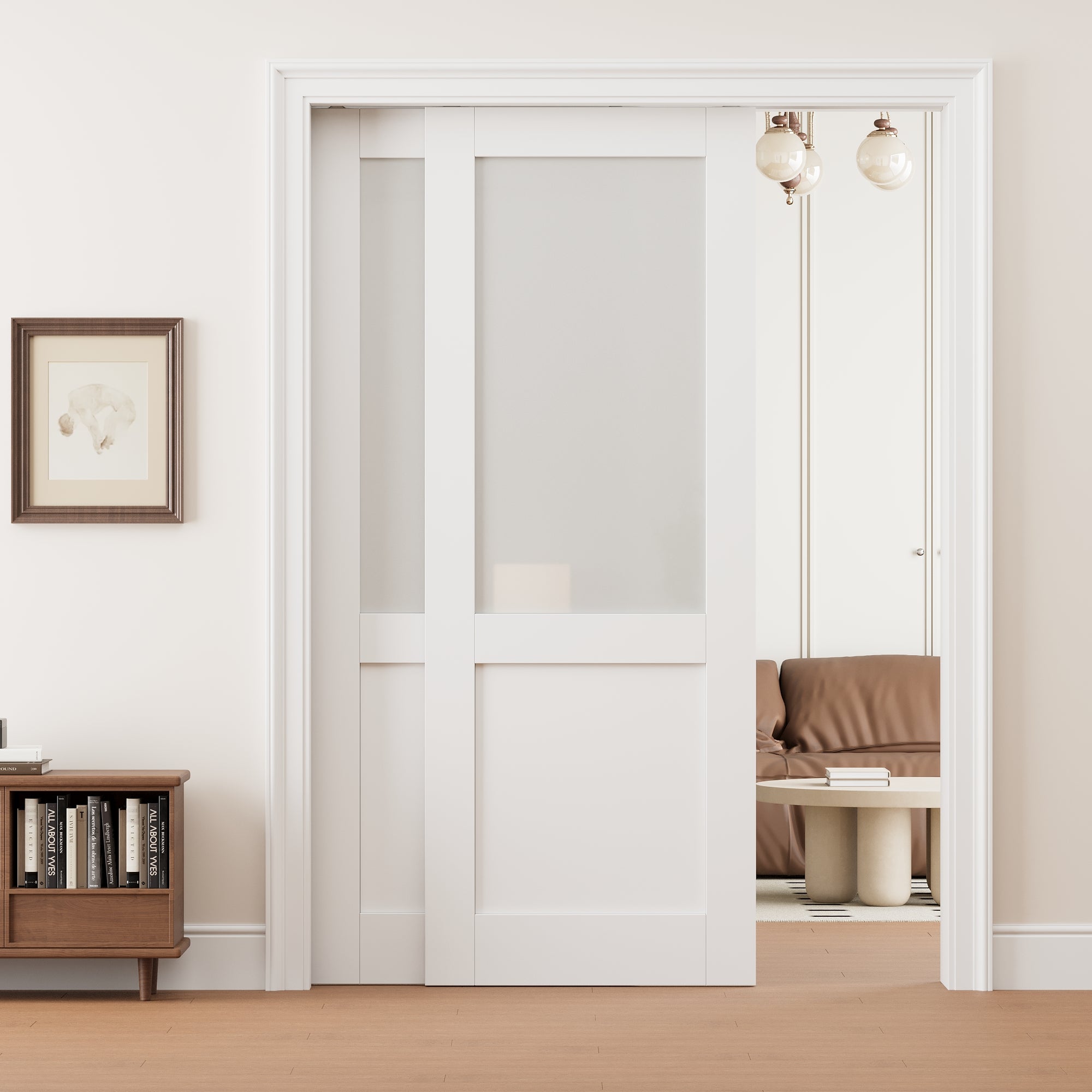 Ark Design Half Lite Frosted Glass Double Bypass Pocket Door with Hardware Kit & Soft Close & Frame, Solid Core MDF Wood & Paint-grade Finished, White