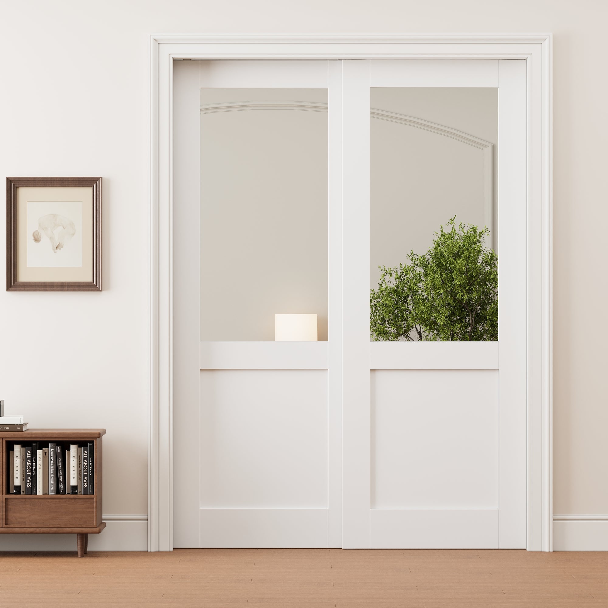 Ark Design Half Lite Mirror Double Bypass Pocket Door with Hardware Kit & Soft Close & Frame, Solid Core MDF Wood & Paint-grade Finished, White