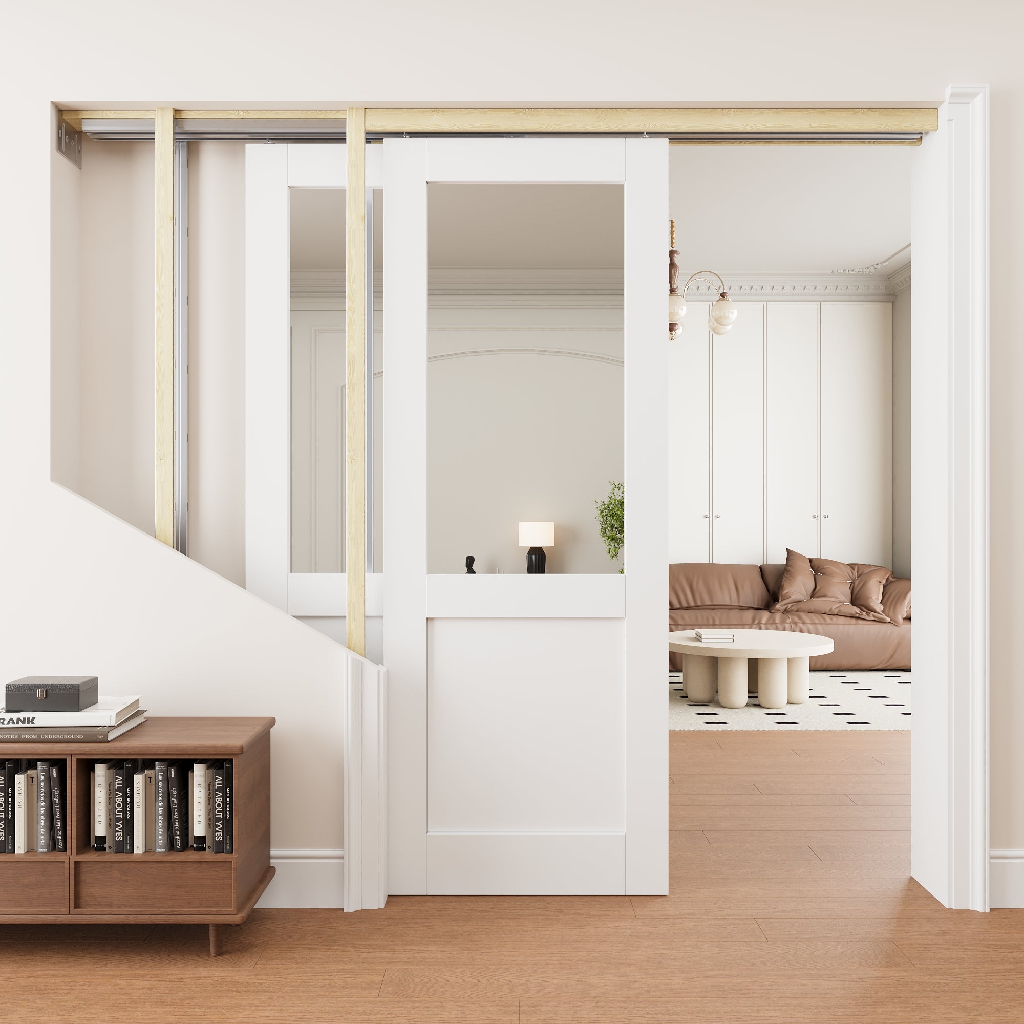 Ark Design Half Lite Mirror Double Bypass Pocket Door with Hardware Kit & Soft Close & Frame, Solid Core MDF Wood & Paint-grade Finished, White