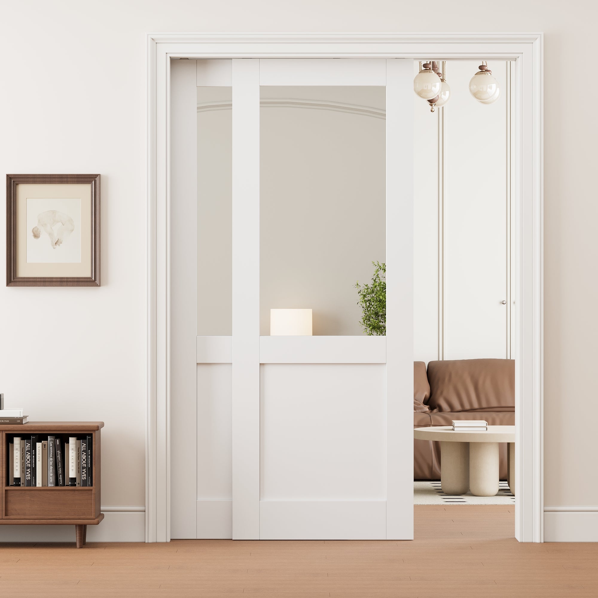 Ark Design Half Lite Mirror Double Bypass Pocket Door with Hardware Kit & Soft Close & Frame, Solid Core MDF Wood & Paint-grade Finished, White