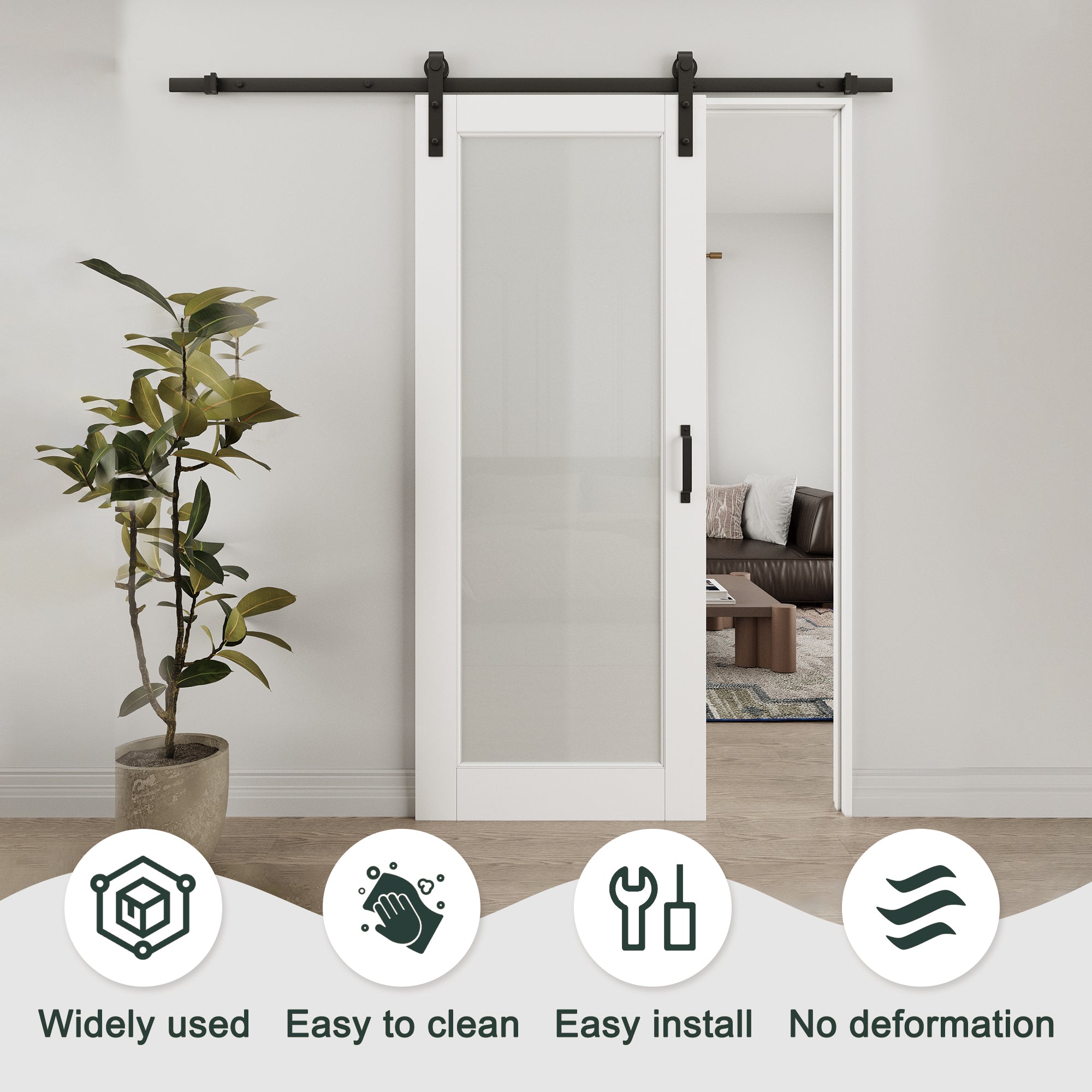 Ark Design 1-Lite Tempered Frosted Glass White Primed MDF Top Mounted Composite Double Sliding Barn Doors with Hardware Kit