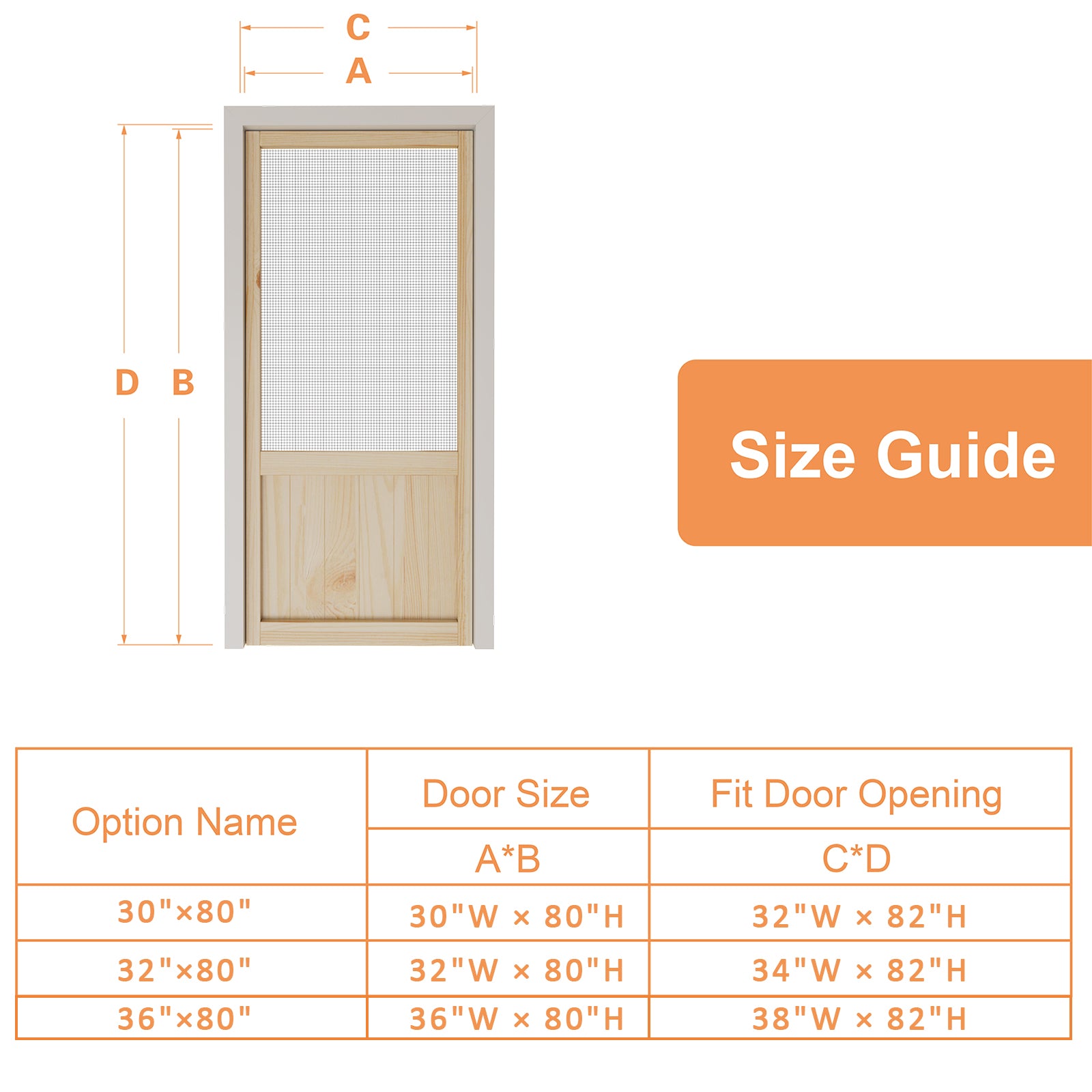 Ark Design Single Universal Paneled Finished Pine Wood and Gauze Mesh Hinged Screen Door