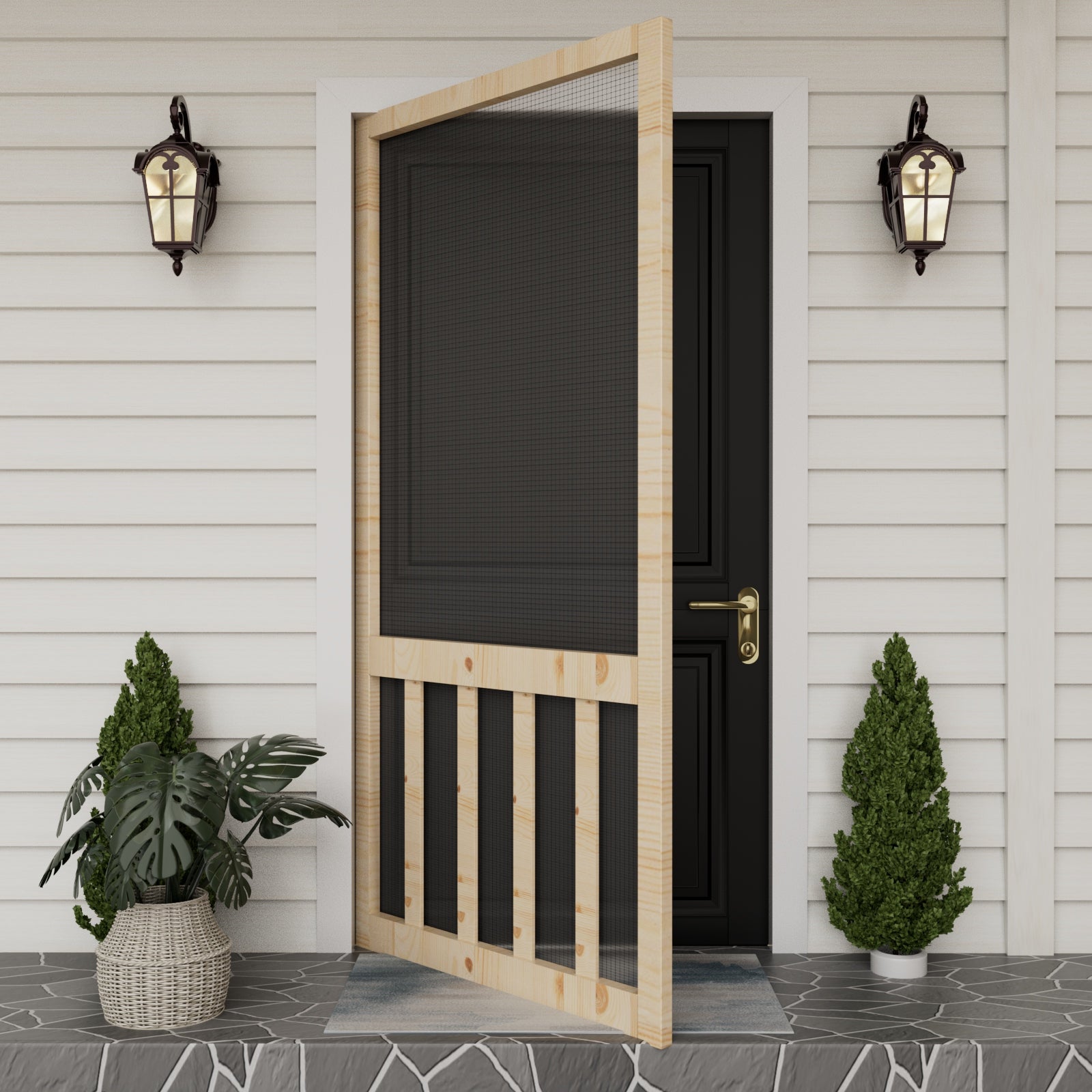 Ark Design Single Universal Paneled Railing Style Finished Pine Wood and Gauze Mesh Hinged Screen Door