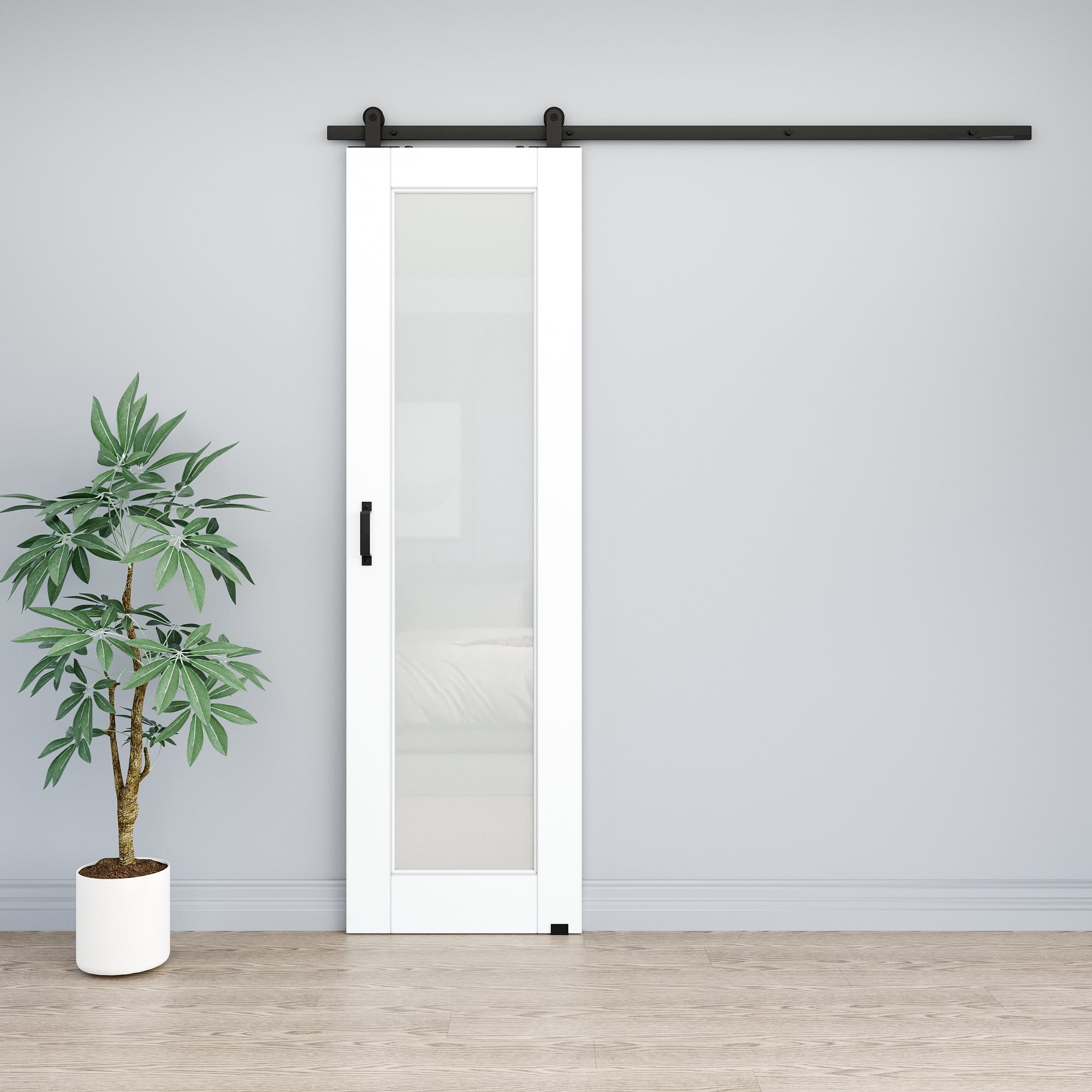 Ark Design 1-Lite Tempered Frosted Glass White Primed MDF Top Mounted Composite Sliding Barn Door with Hardware Kit