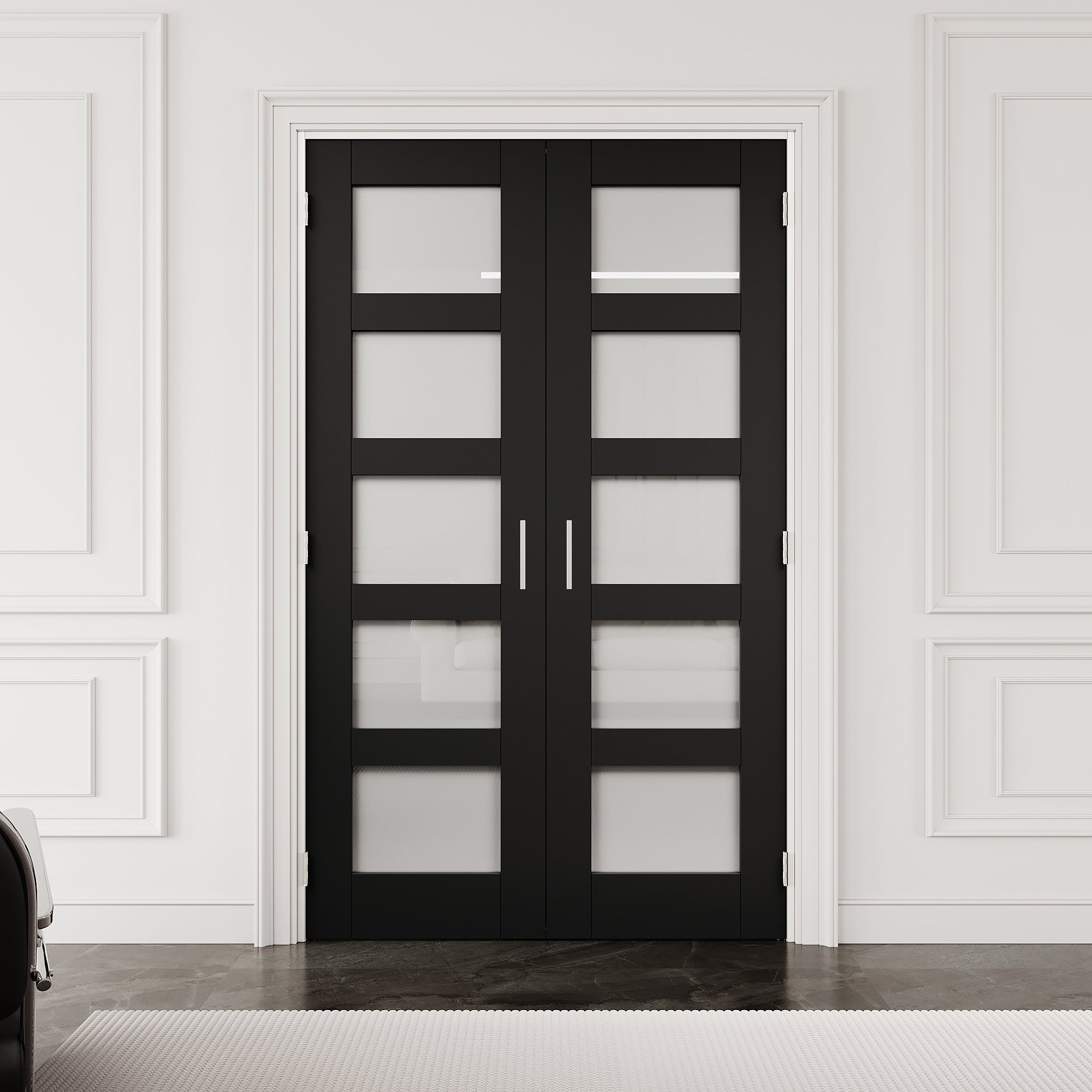 [Silver Ball Catch Double Doors without Jamb] 5-Lite Frosted Glass Black Solid Core Glass French Door Panels with Sliver Ball Catch & Handles & Hinges, Jamb Not Included