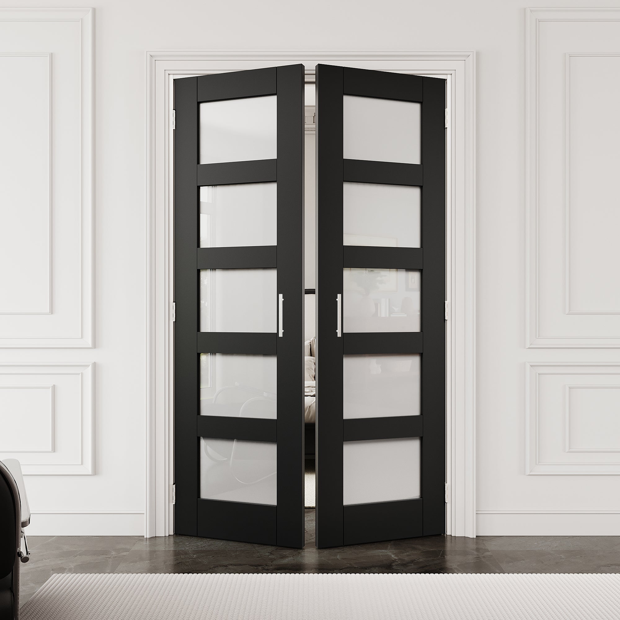 [Silver Ball Catch Double Doors without Jamb] 5-Lite Frosted Glass Black Solid Core Glass French Door Panels with Sliver Ball Catch & Handles & Hinges, Jamb Not Included